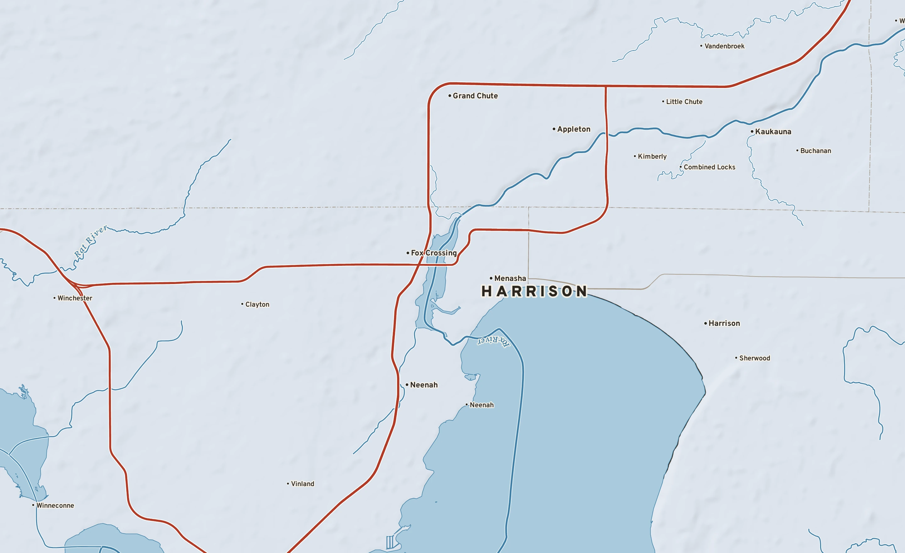 Shaded-relief atlas plate of Harrison, Wisconsin: rivers, roads, the city limits and where the water drains.