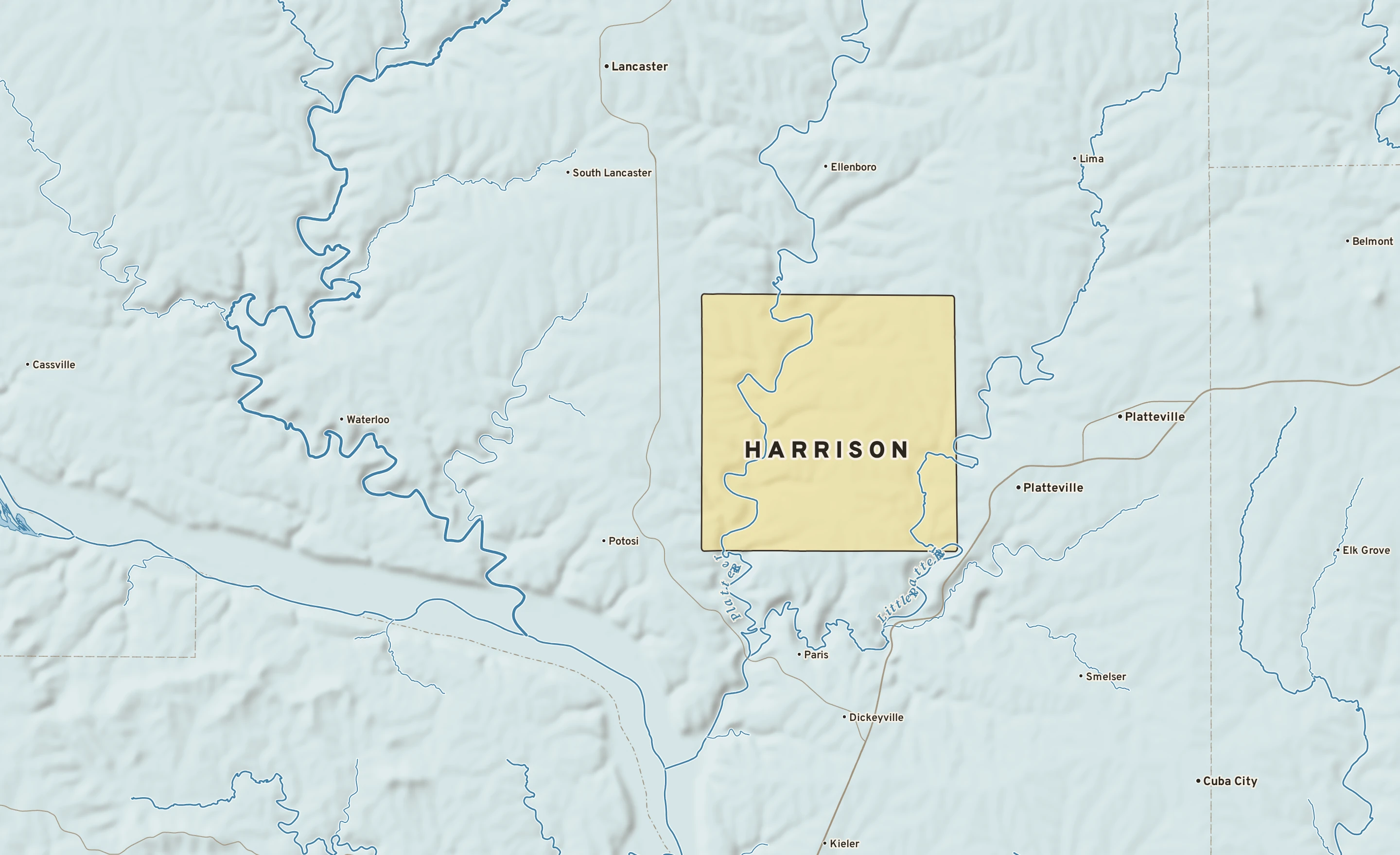 Shaded-relief atlas plate of Harrison, Wisconsin: rivers, roads, the city limits and where the water drains.