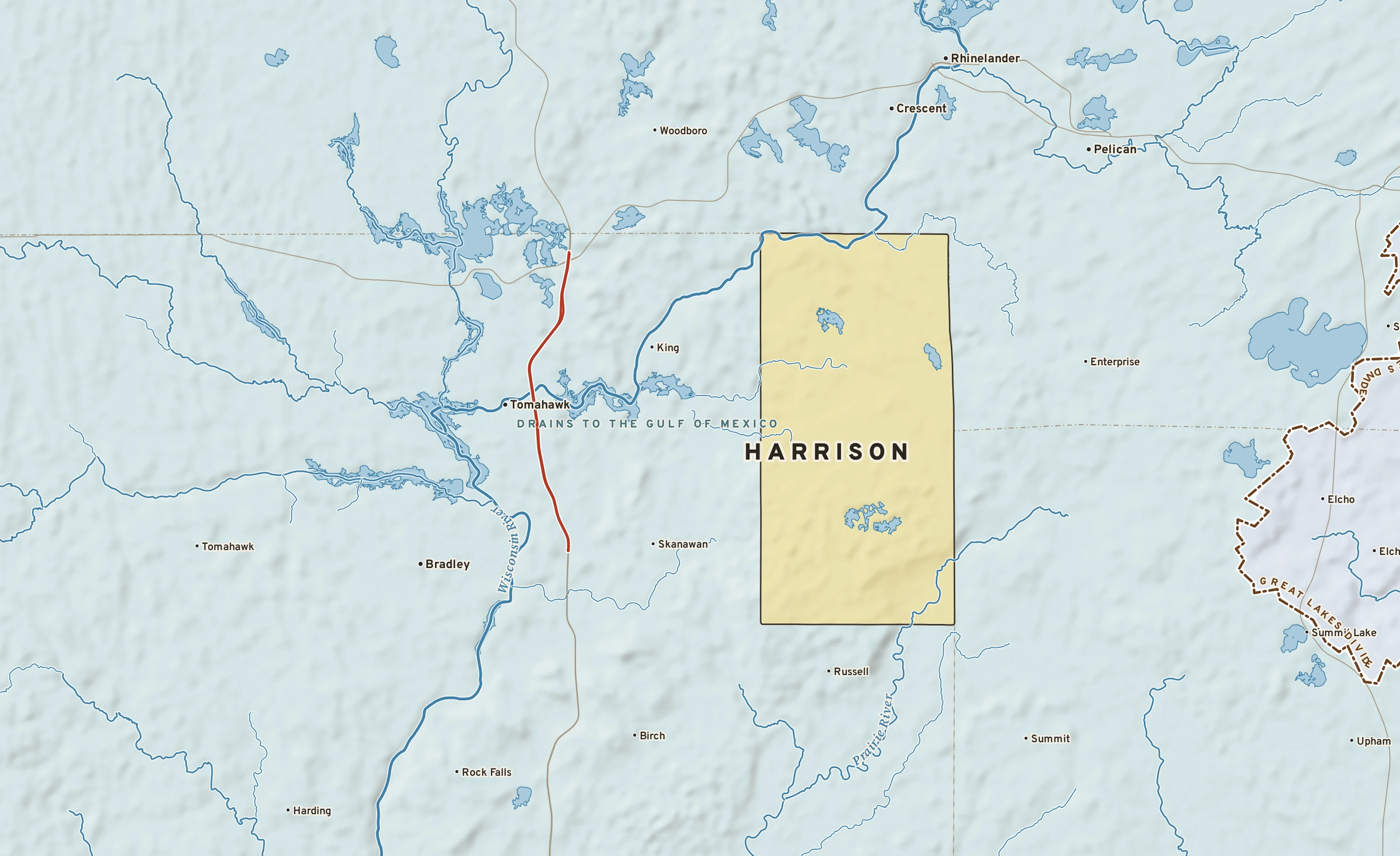 Shaded-relief atlas plate of Harrison, Wisconsin: rivers, roads, the city limits and where the water drains.