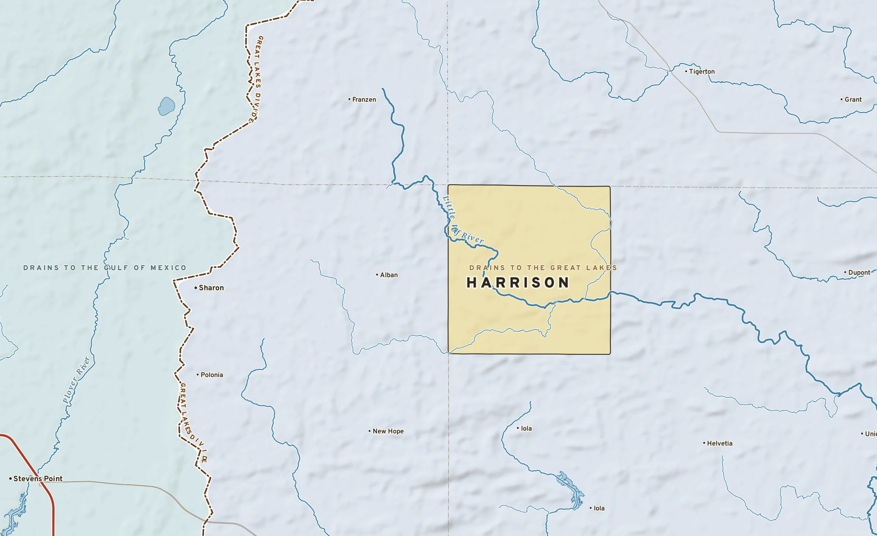 Shaded-relief atlas plate of Harrison, Wisconsin: rivers, roads, the city limits and where the water drains.
