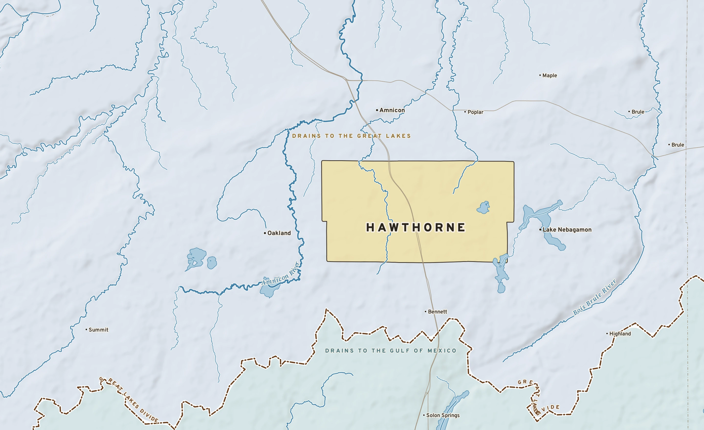 Shaded-relief atlas plate of Hawthorne, Wisconsin: rivers, roads, the city limits and where the water drains.