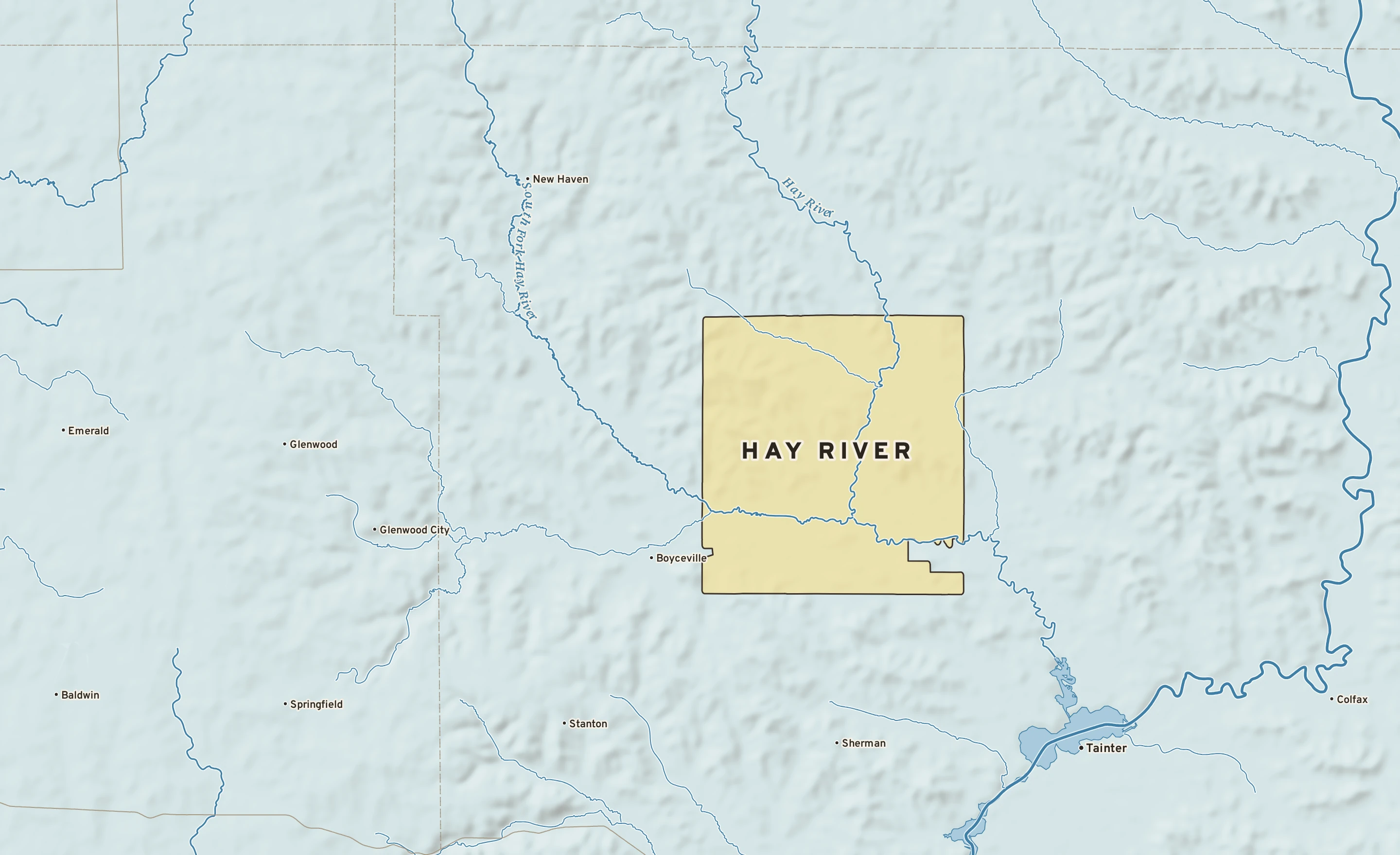 Shaded-relief atlas plate of Hay River, Wisconsin: rivers, roads, the city limits and where the water drains.