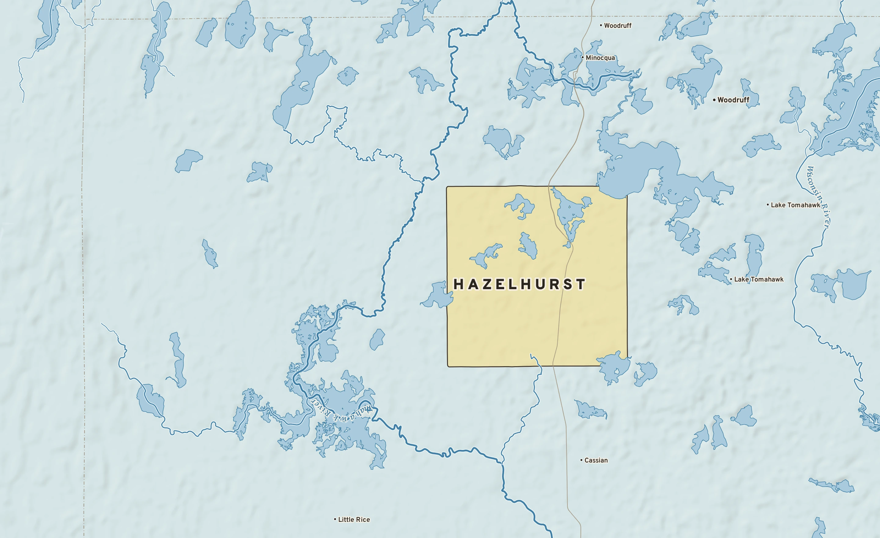 Shaded-relief atlas plate of Hazelhurst, Wisconsin: rivers, roads, the city limits and where the water drains.
