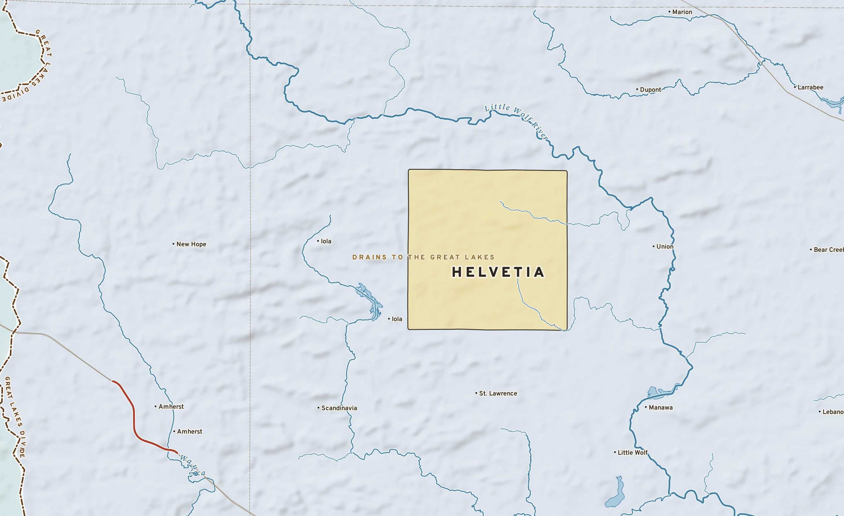 Shaded-relief atlas plate of Helvetia, Wisconsin: rivers, roads, the city limits and where the water drains.