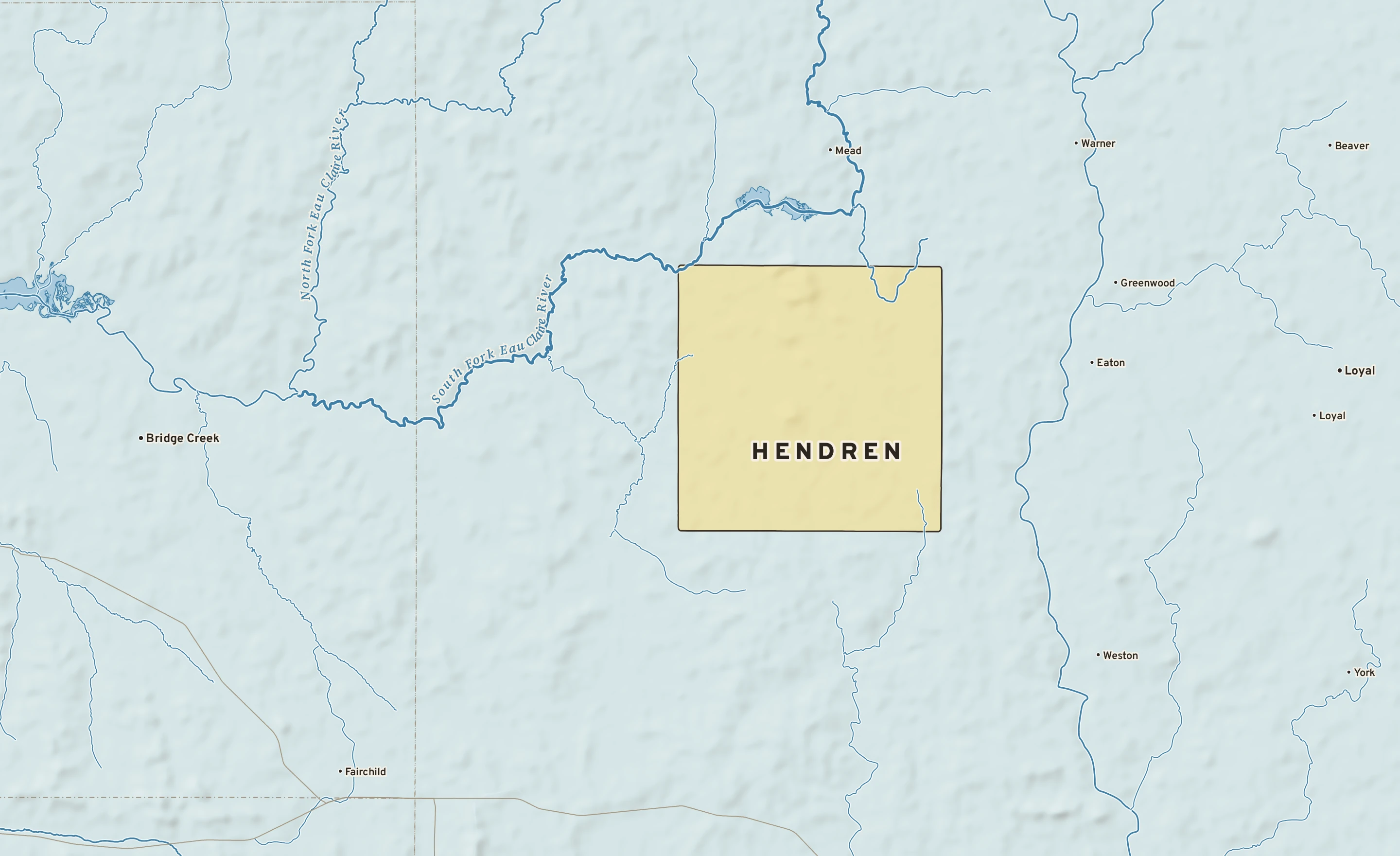 Shaded-relief atlas plate of Hendren, Wisconsin: rivers, roads, the city limits and where the water drains.