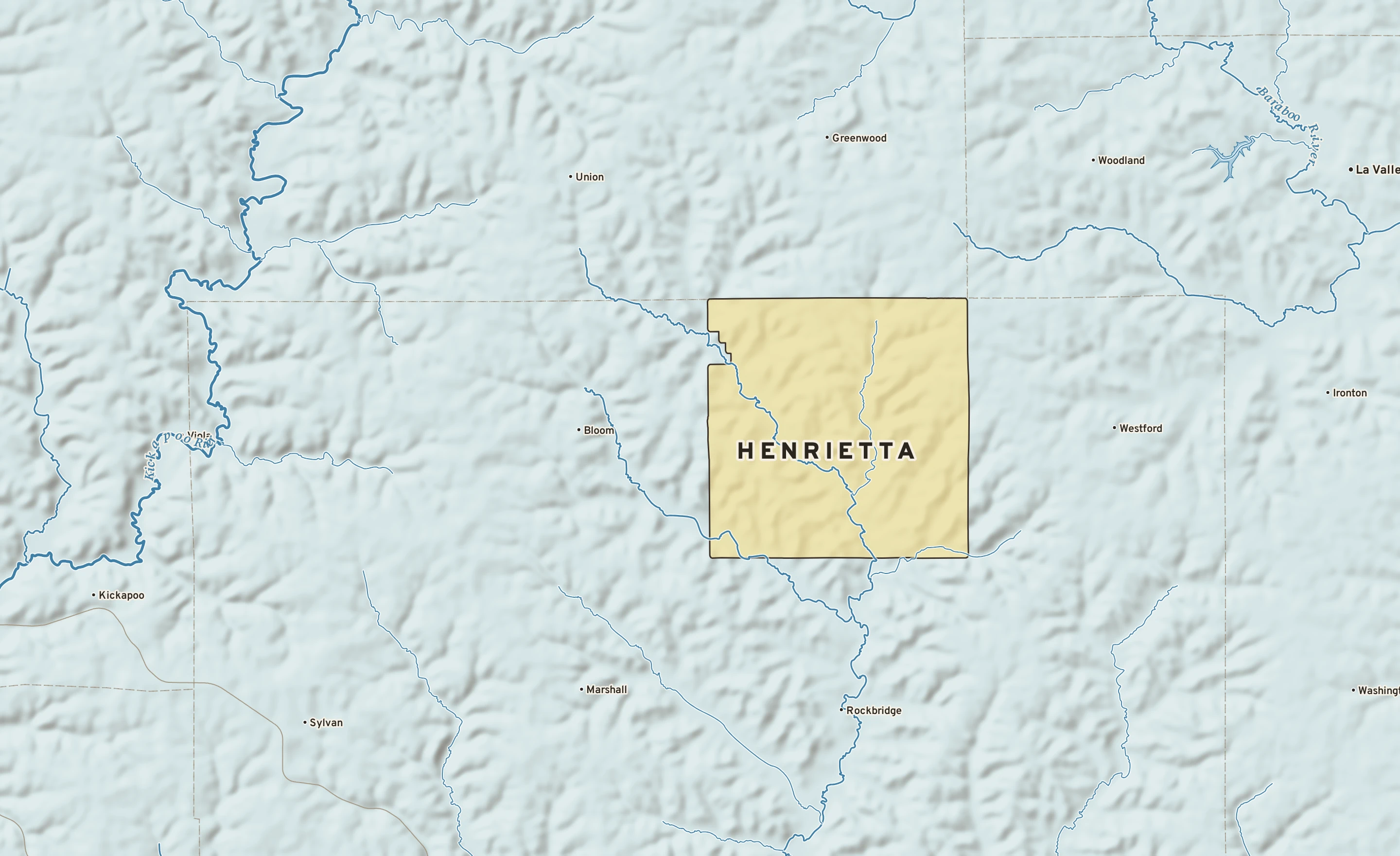 Shaded-relief atlas plate of Henrietta, Wisconsin: rivers, roads, the city limits and where the water drains.