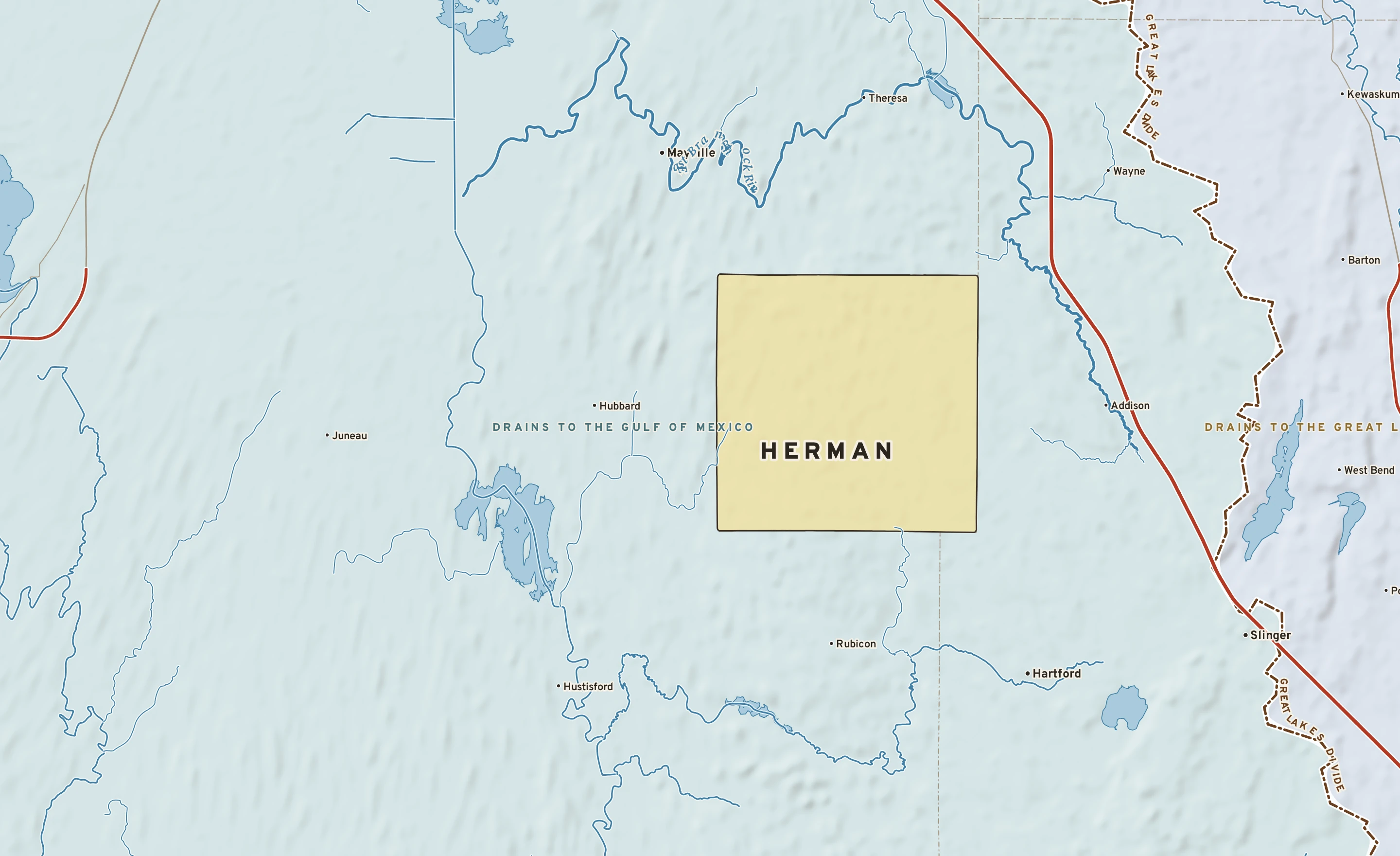Shaded-relief atlas plate of Herman, Wisconsin: rivers, roads, the city limits and where the water drains.