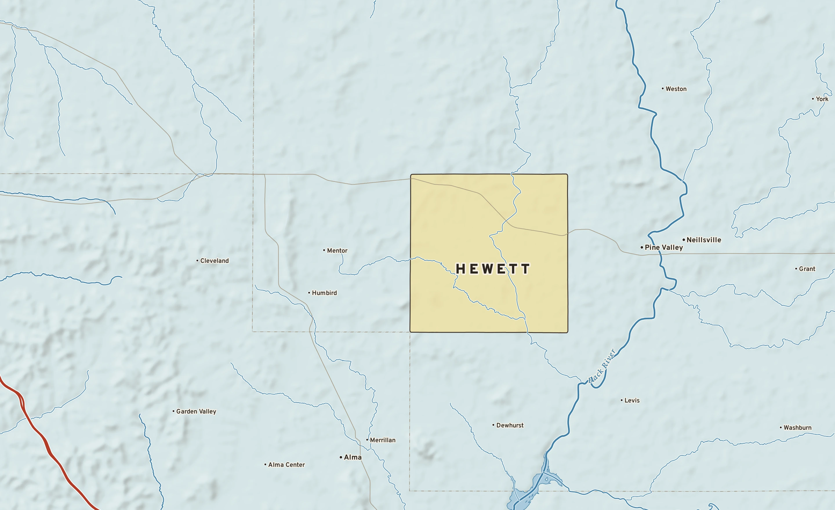 Shaded-relief atlas plate of Hewett, Wisconsin: rivers, roads, the city limits and where the water drains.