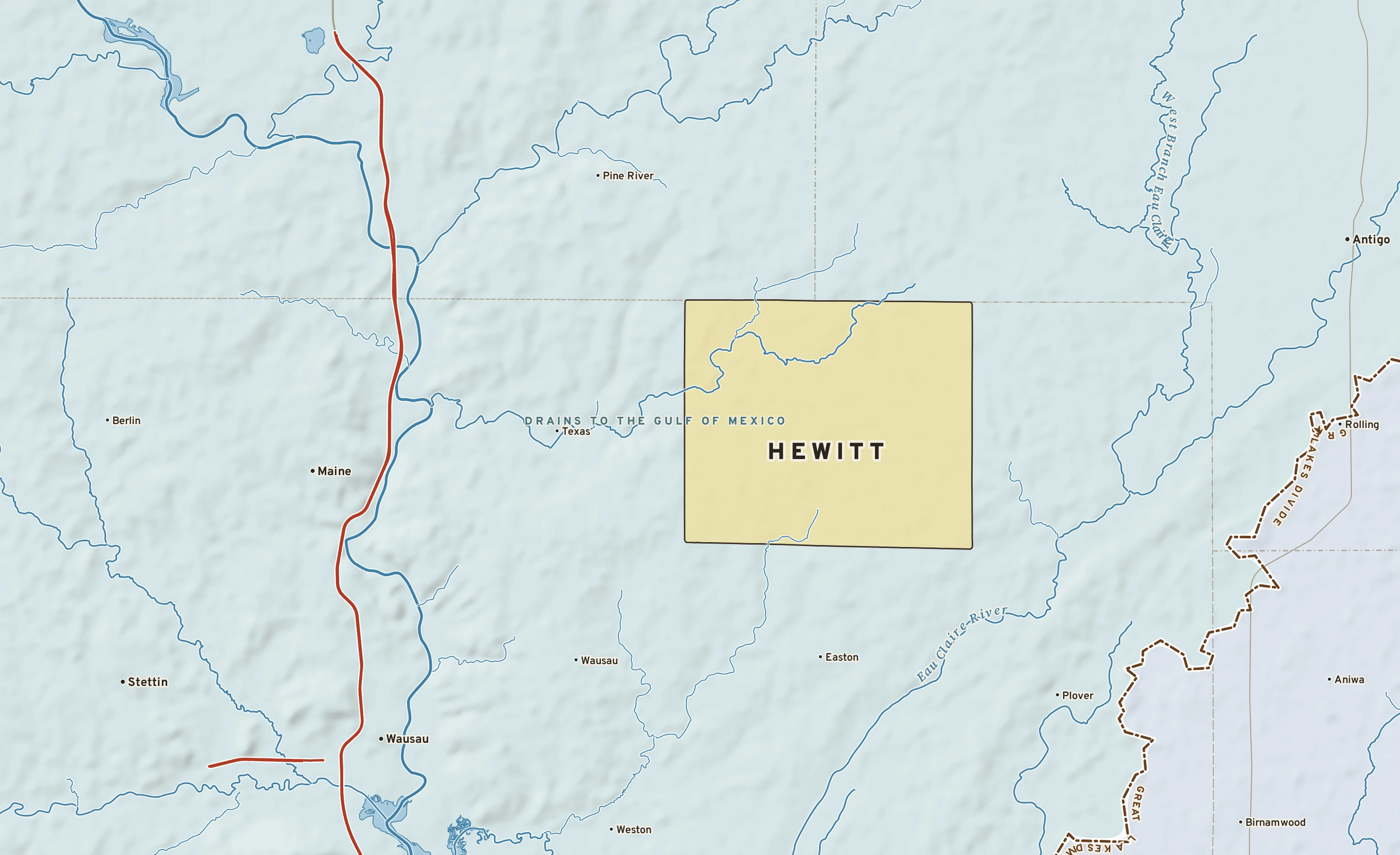 Shaded-relief atlas plate of Hewitt, Wisconsin: rivers, roads, the city limits and where the water drains.