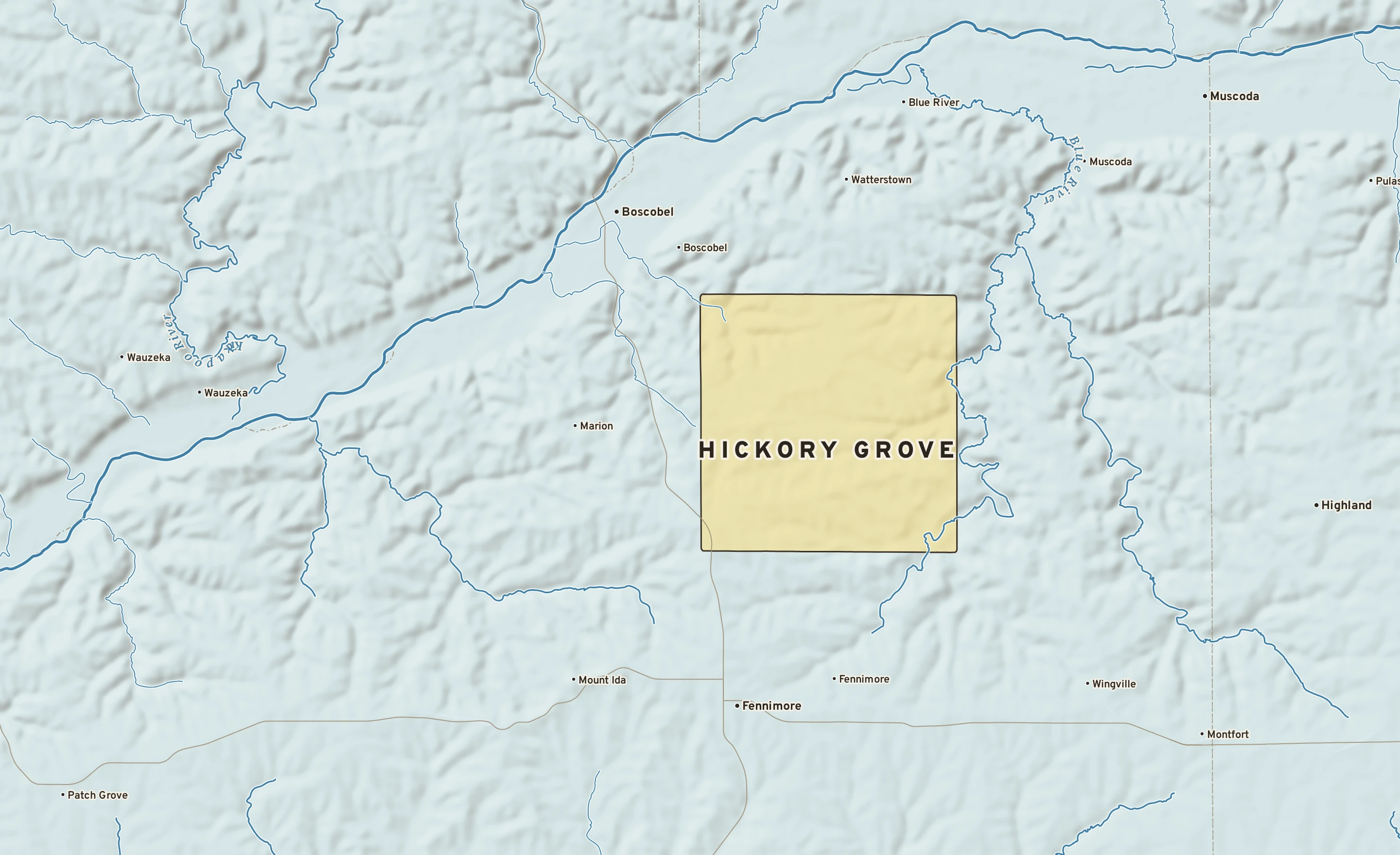 Shaded-relief atlas plate of Hickory Grove, Wisconsin: rivers, roads, the city limits and where the water drains.