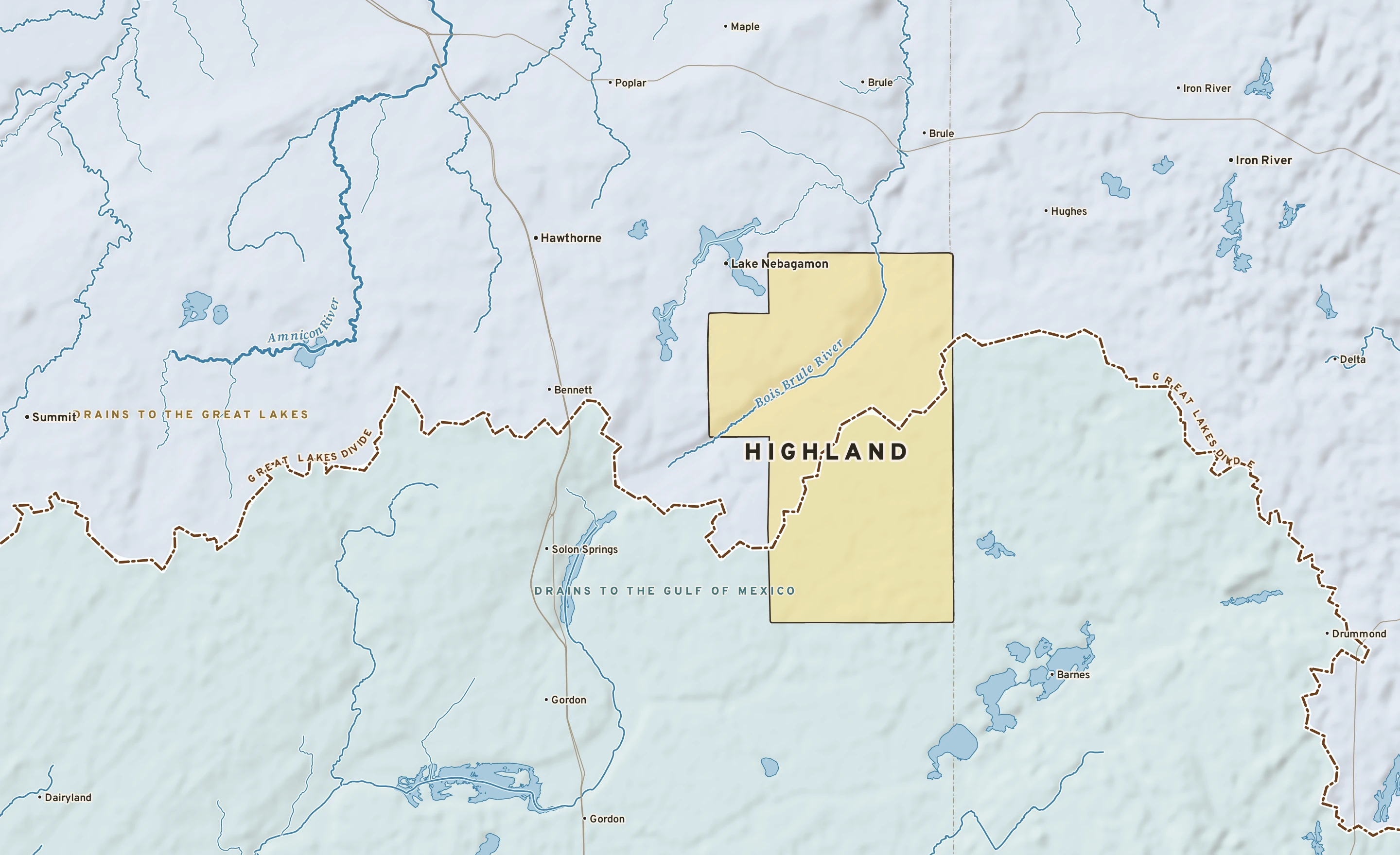 Shaded-relief atlas plate of Highland, Wisconsin: rivers, roads, the city limits and where the water drains.