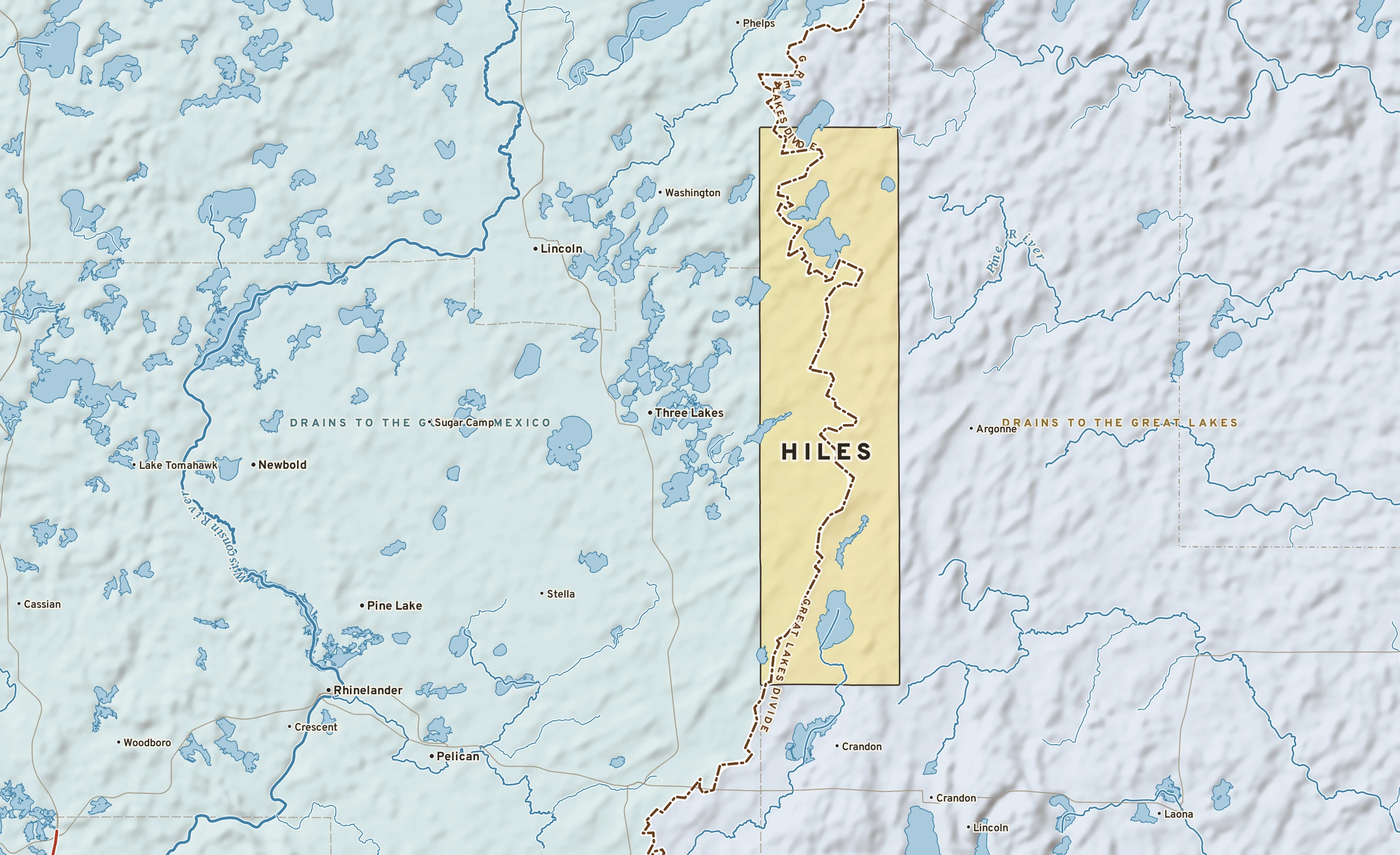 Shaded-relief atlas plate of Hiles, Wisconsin: rivers, roads, the city limits and where the water drains.