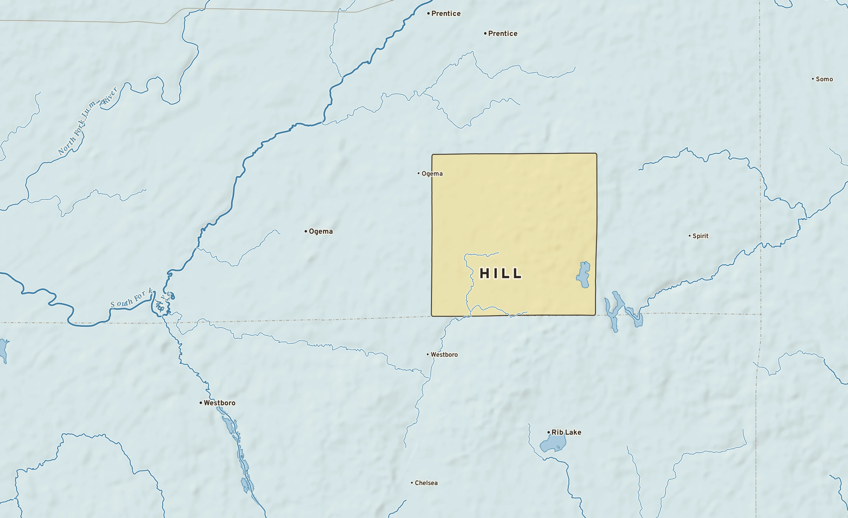 Shaded-relief atlas plate of Hill, Wisconsin: rivers, roads, the city limits and where the water drains.