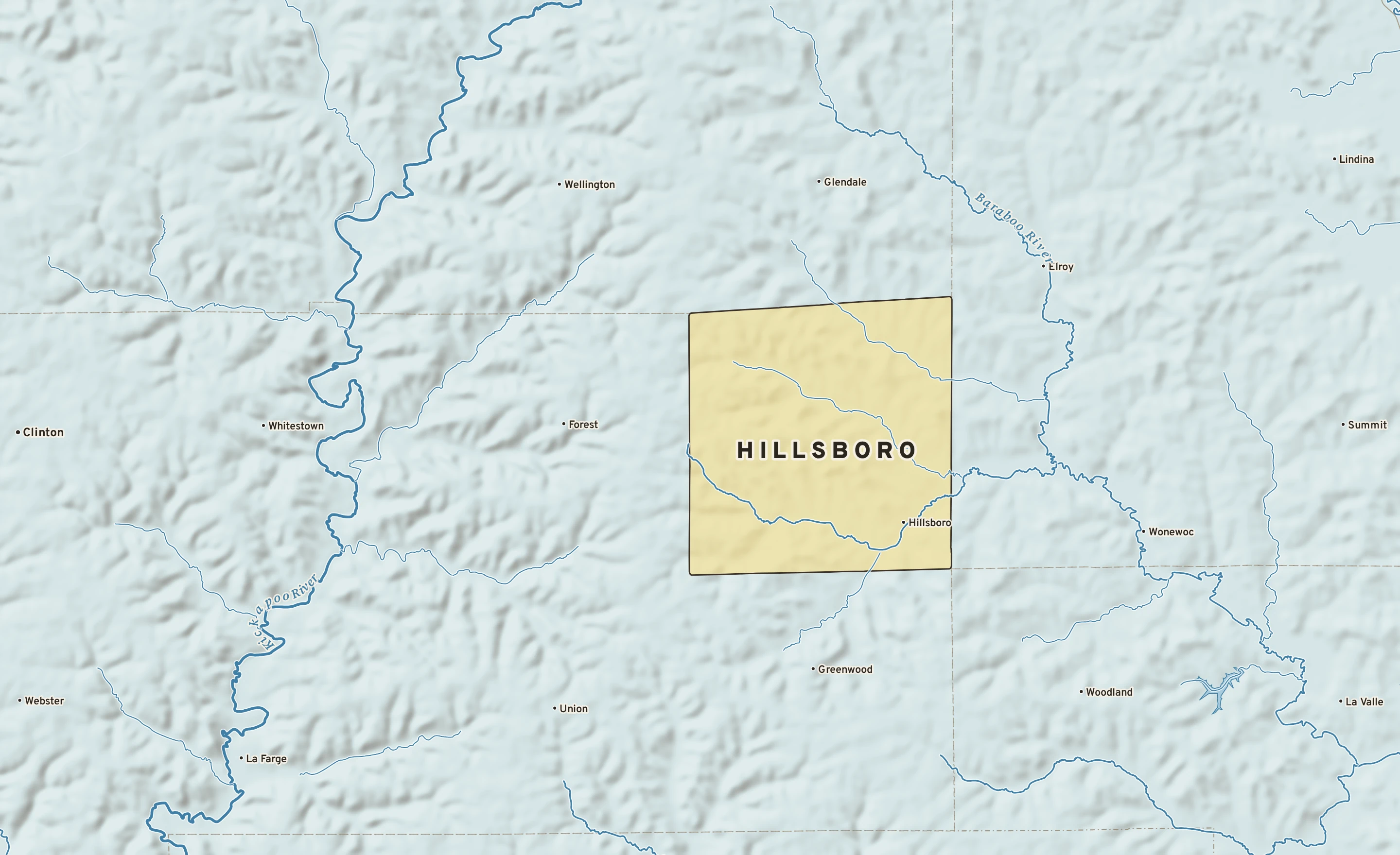 Shaded-relief atlas plate of Hillsboro, Wisconsin: rivers, roads, the city limits and where the water drains.