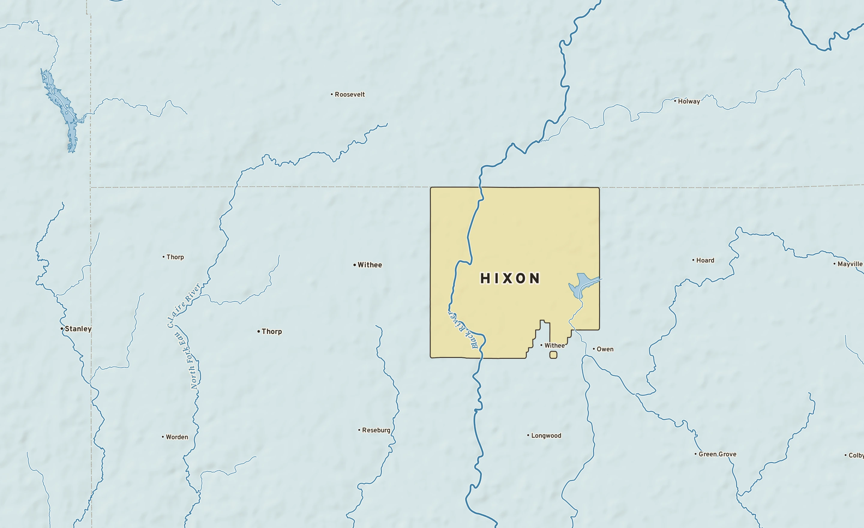 Shaded-relief atlas plate of Hixon, Wisconsin: rivers, roads, the city limits and where the water drains.