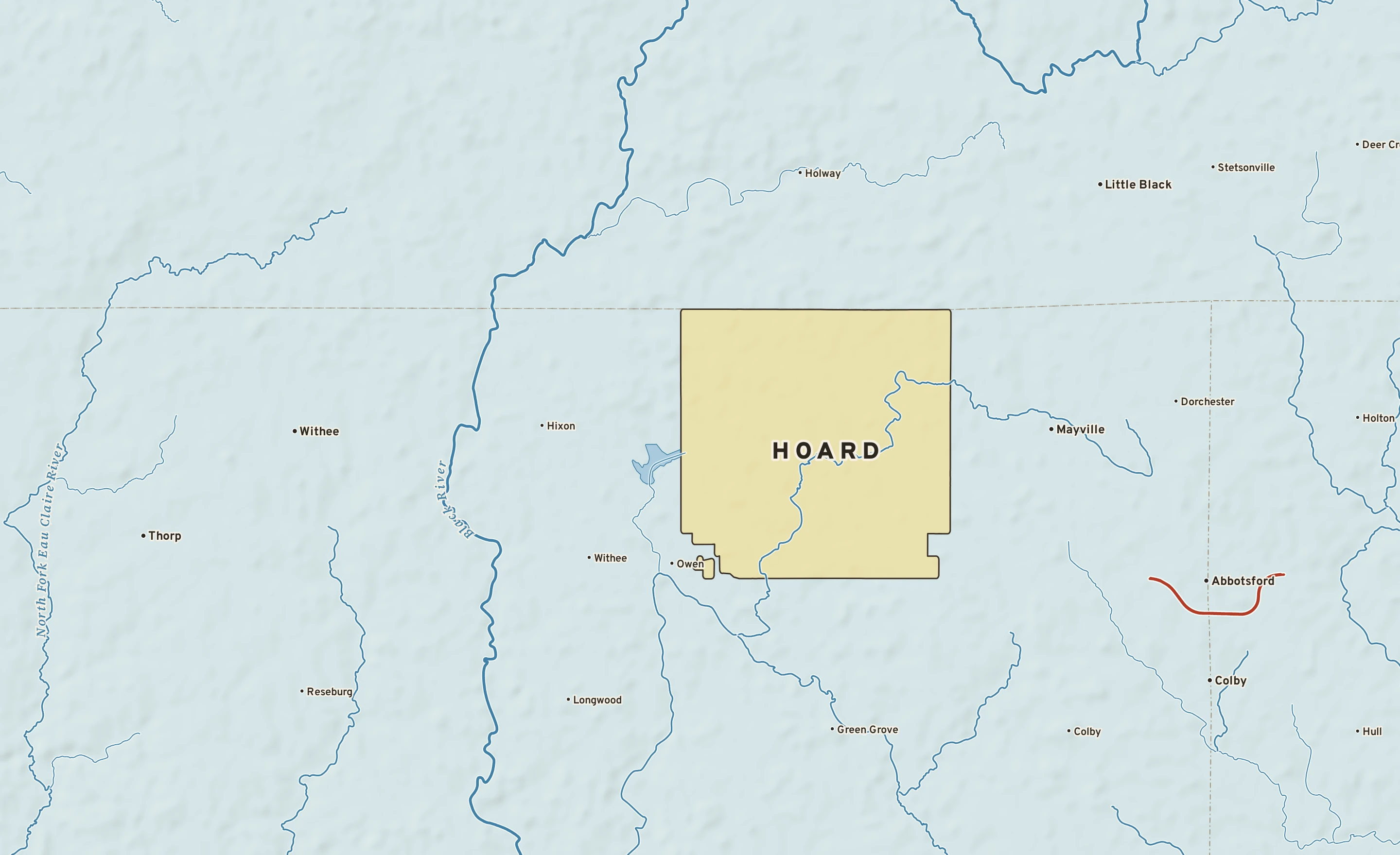 Shaded-relief atlas plate of Hoard, Wisconsin: rivers, roads, the city limits and where the water drains.