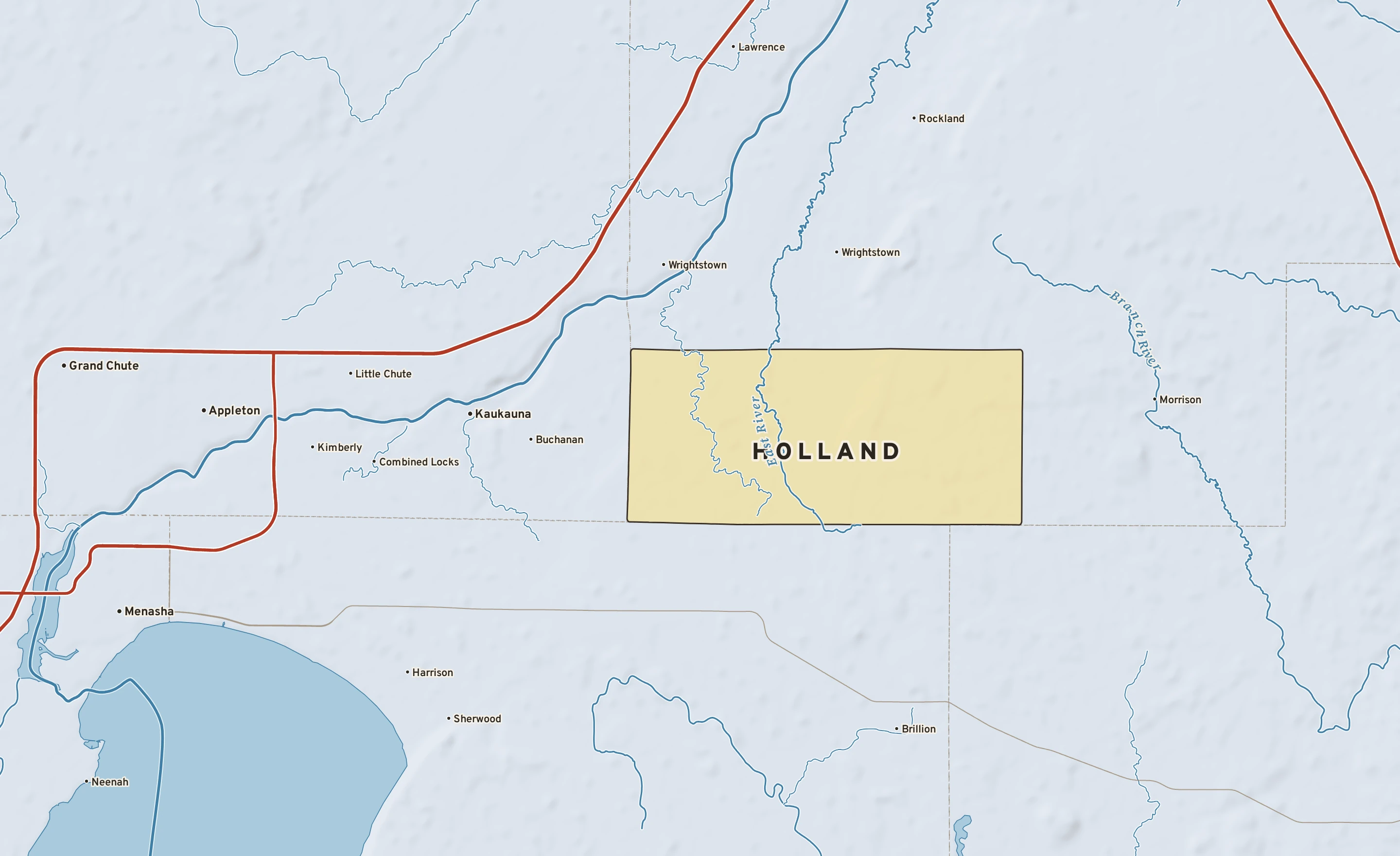 Shaded-relief atlas plate of Holland, Wisconsin: rivers, roads, the city limits and where the water drains.