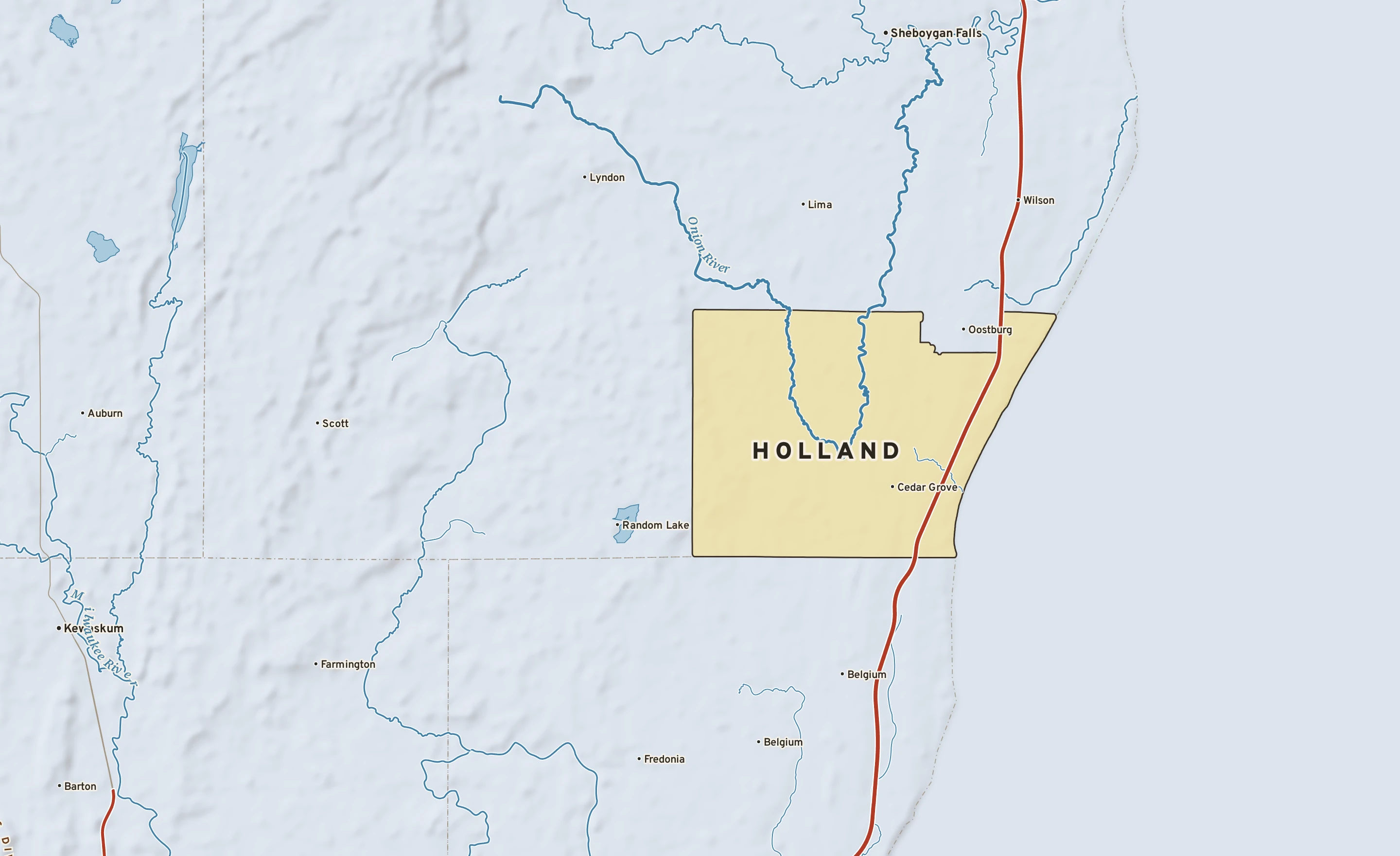 Shaded-relief atlas plate of Holland, Wisconsin: rivers, roads, the city limits and where the water drains.