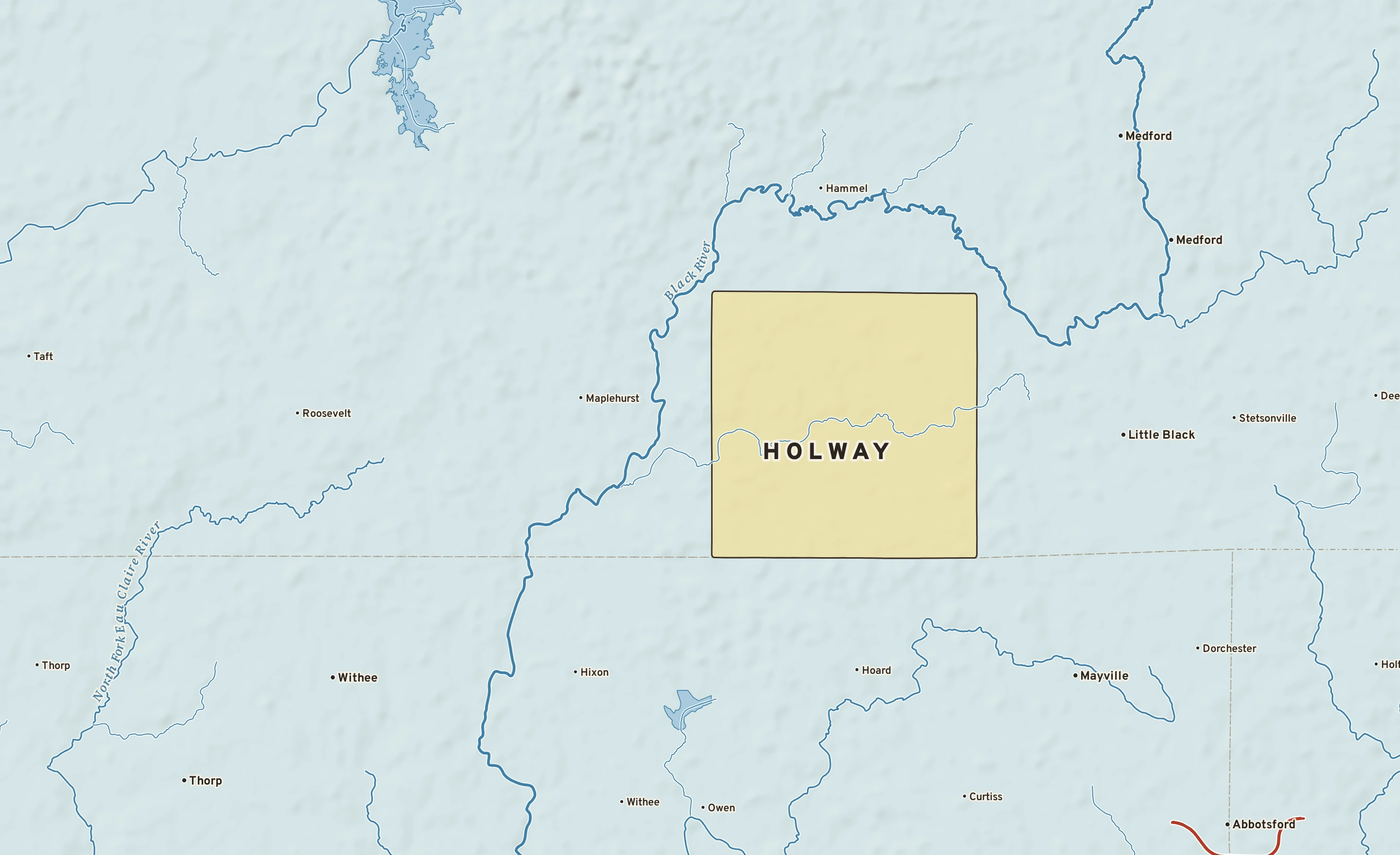 Shaded-relief atlas plate of Holway, Wisconsin: rivers, roads, the city limits and where the water drains.