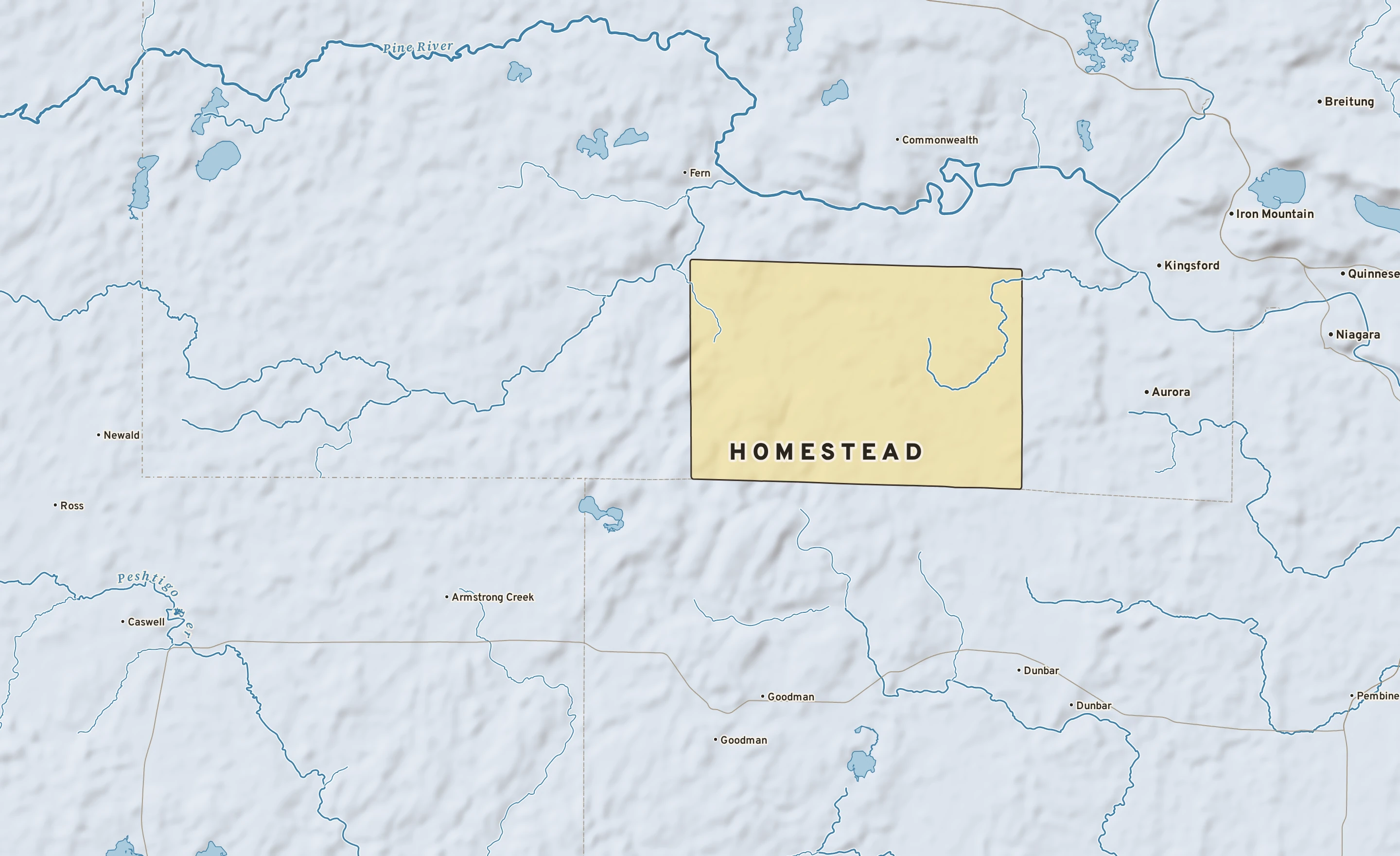 Shaded-relief atlas plate of Homestead, Wisconsin: rivers, roads, the city limits and where the water drains.