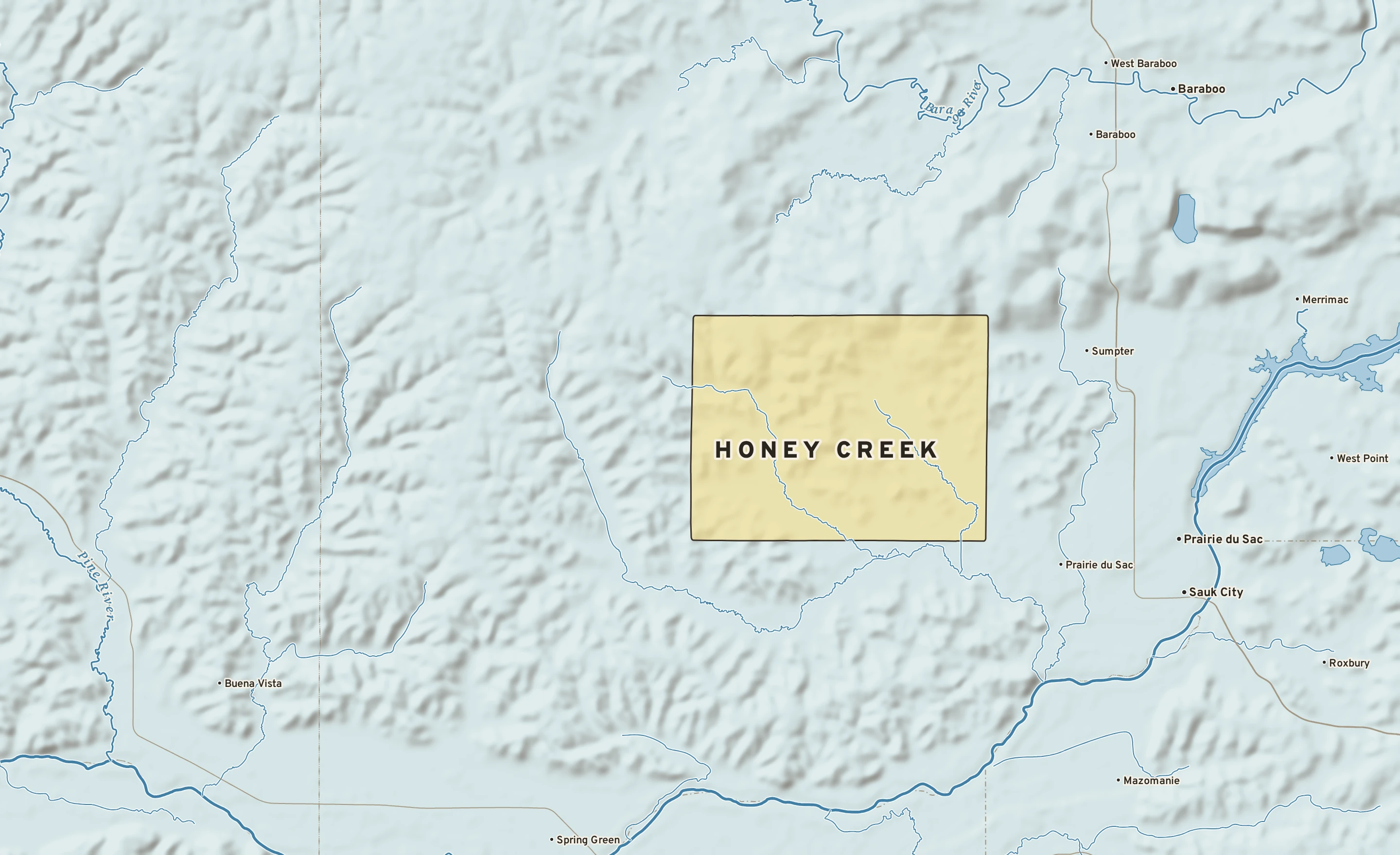 Shaded-relief atlas plate of Honey Creek, Wisconsin: rivers, roads, the city limits and where the water drains.