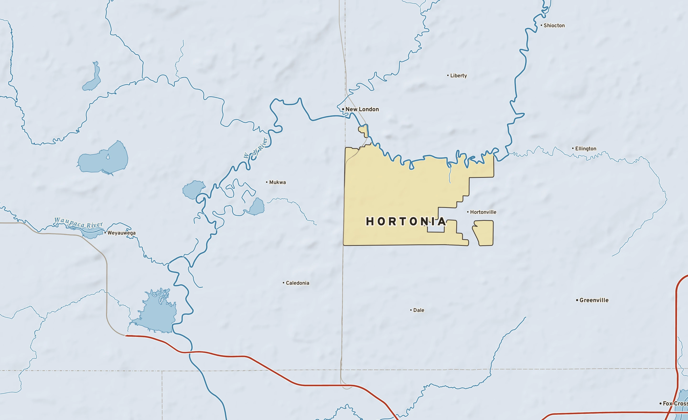 Shaded-relief atlas plate of Hortonia, Wisconsin: rivers, roads, the city limits and where the water drains.