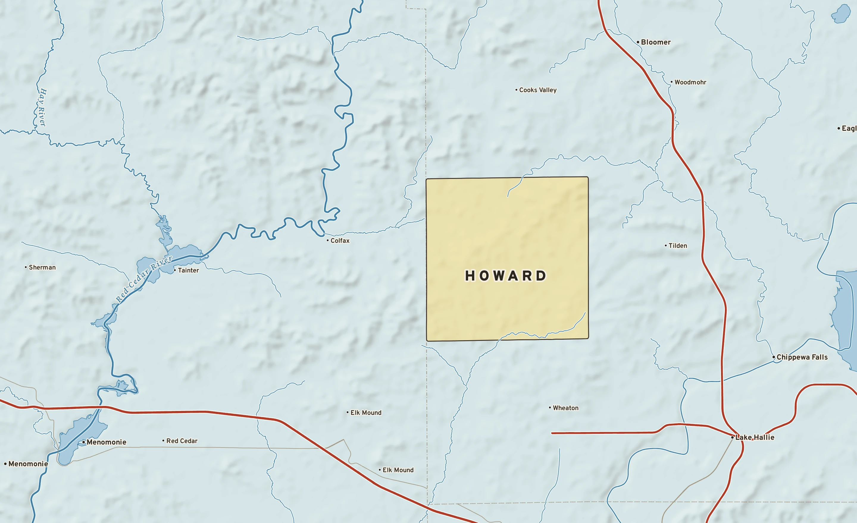 Shaded-relief atlas plate of Howard, Wisconsin: rivers, roads, the city limits and where the water drains.