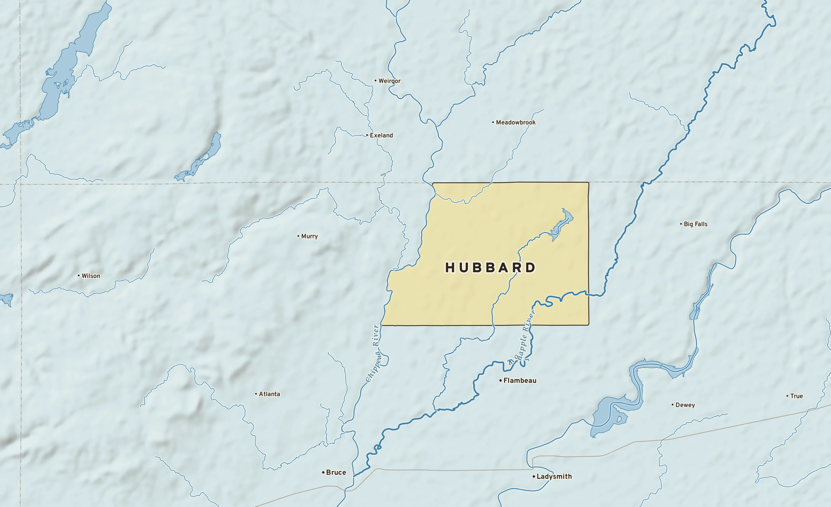Shaded-relief atlas plate of Hubbard, Wisconsin: rivers, roads, the city limits and where the water drains.