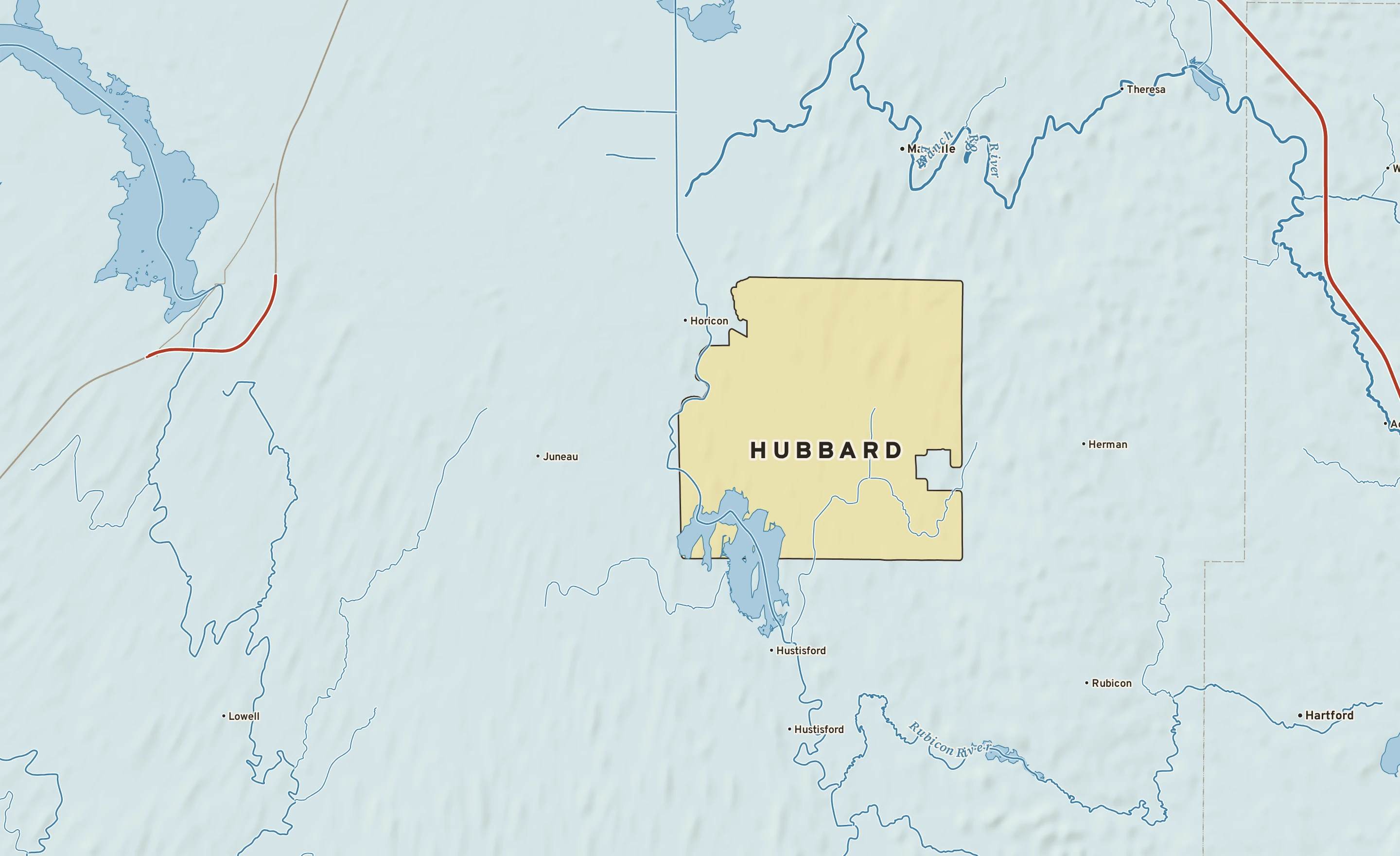 Shaded-relief atlas plate of Hubbard, Wisconsin: rivers, roads, the city limits and where the water drains.