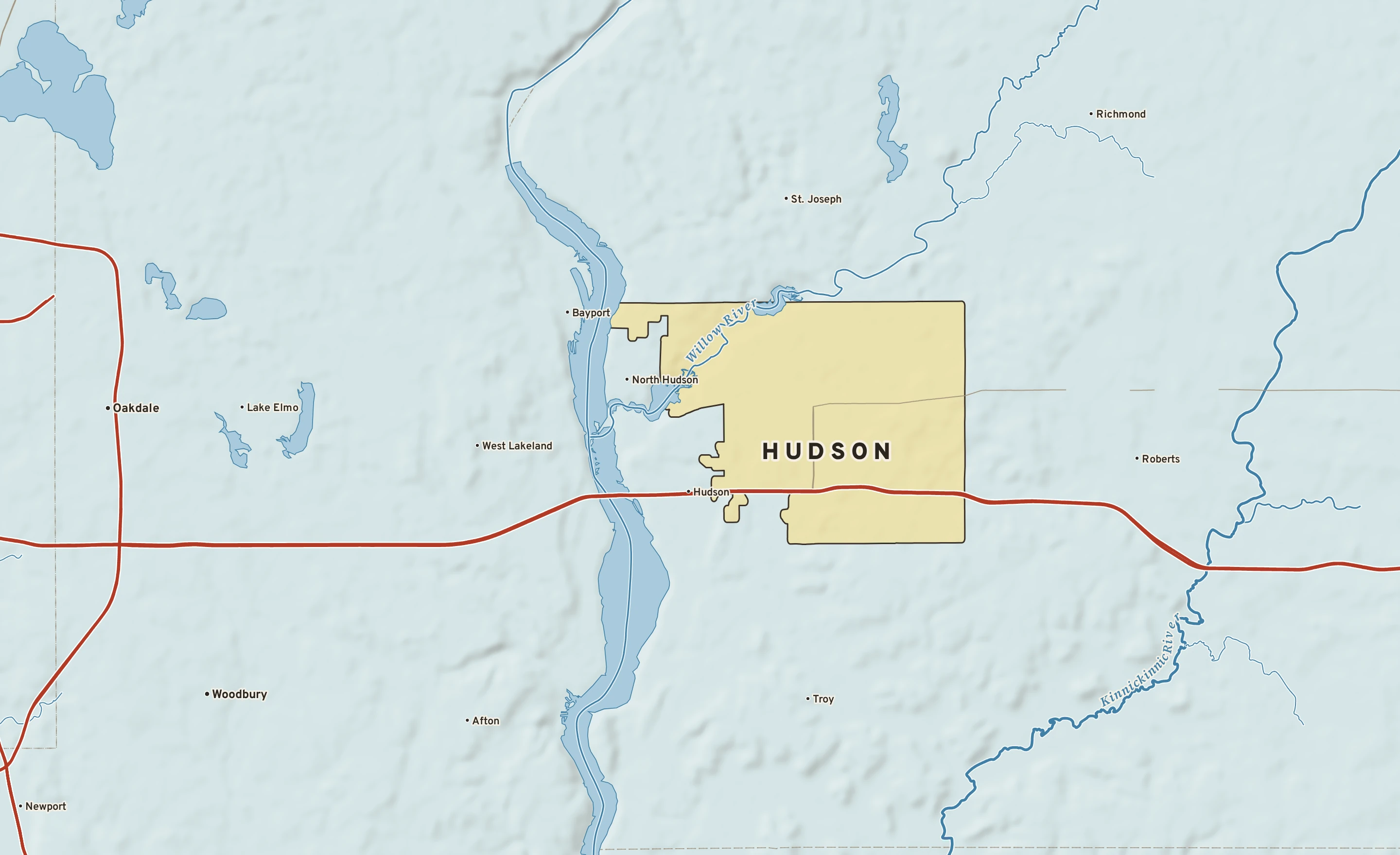 Shaded-relief atlas plate of Hudson, Wisconsin: rivers, roads, the city limits and where the water drains.