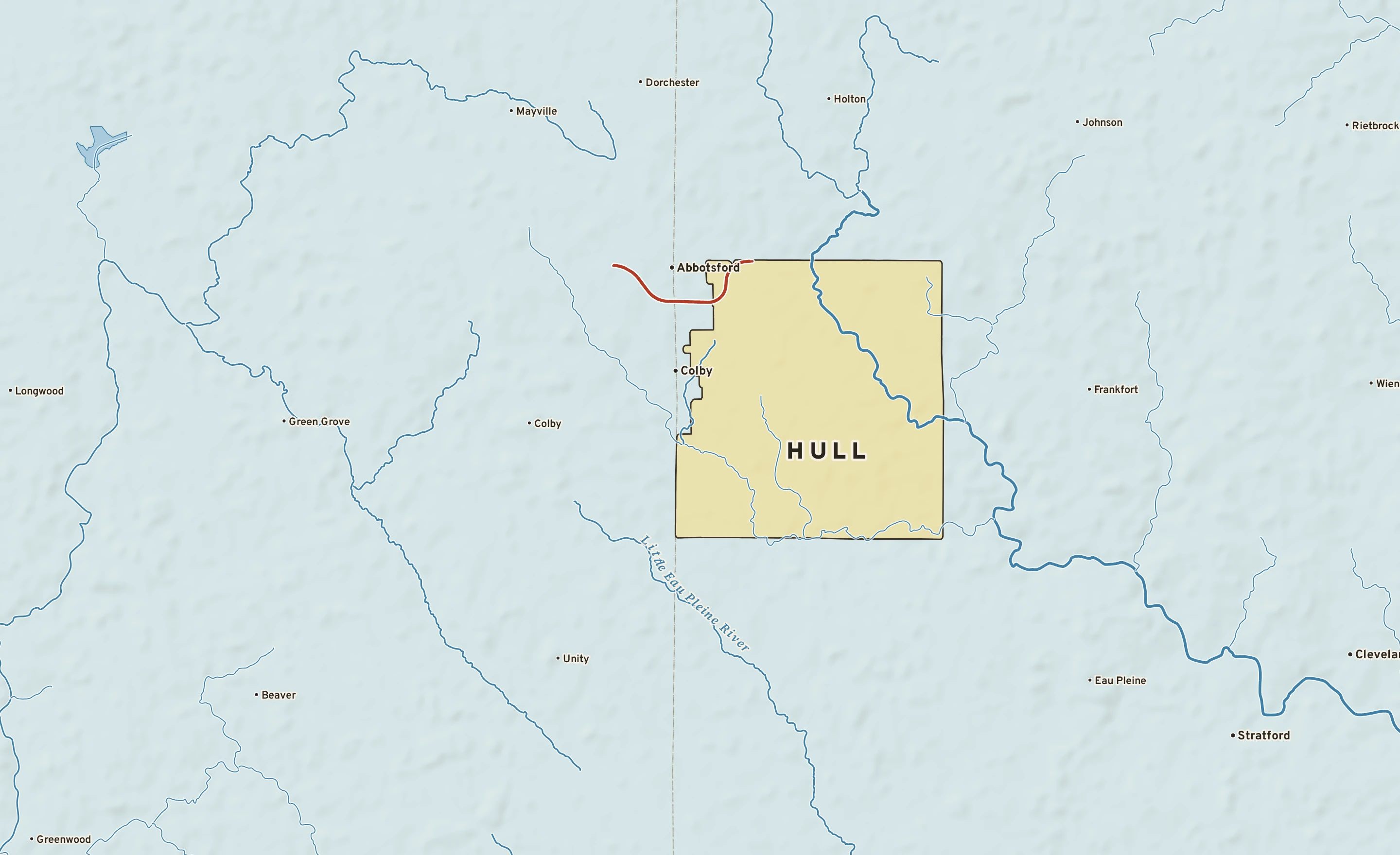 Shaded-relief atlas plate of Hull, Wisconsin: rivers, roads, the city limits and where the water drains.