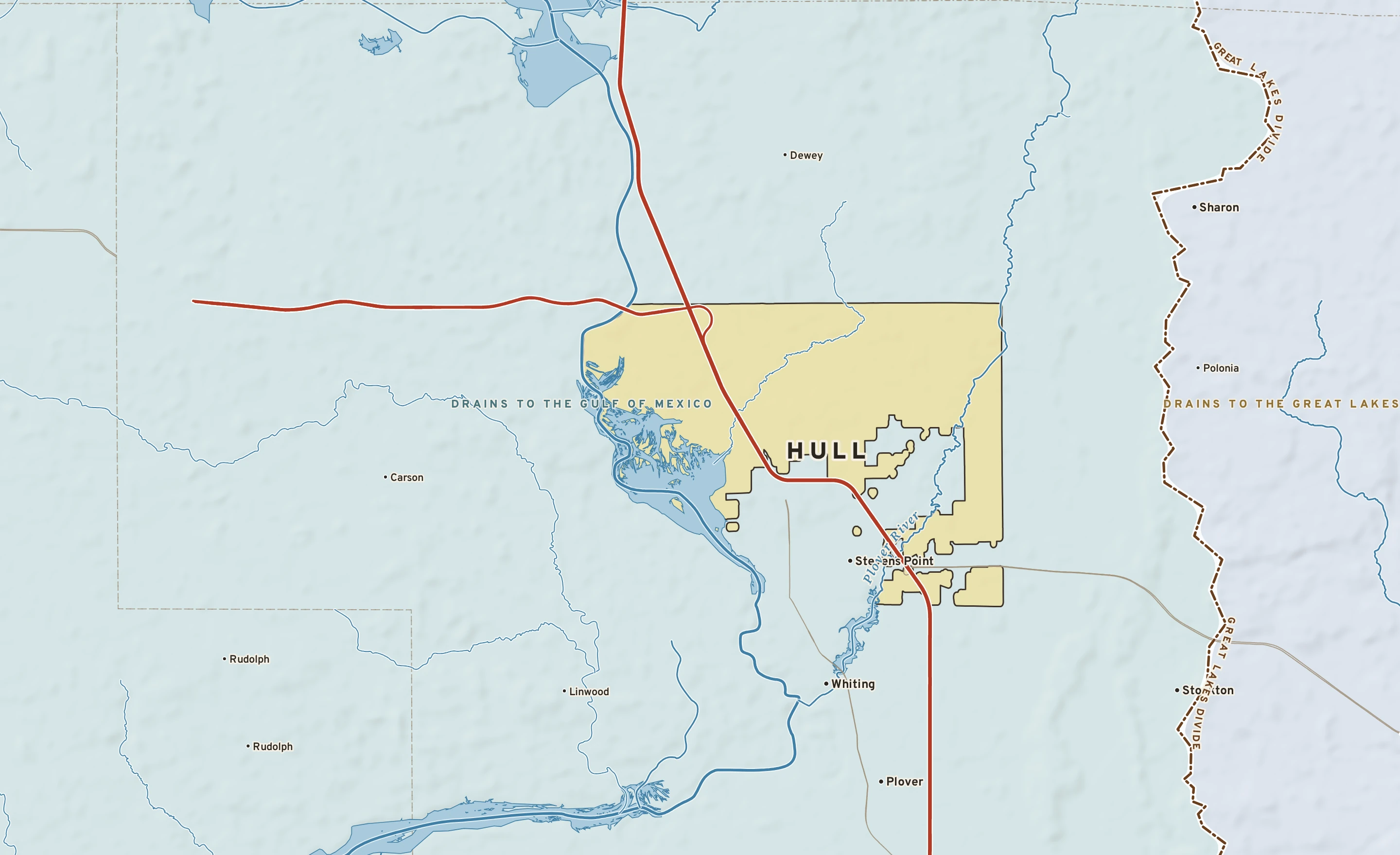 Shaded-relief atlas plate of Hull, Wisconsin: rivers, roads, the city limits and where the water drains.