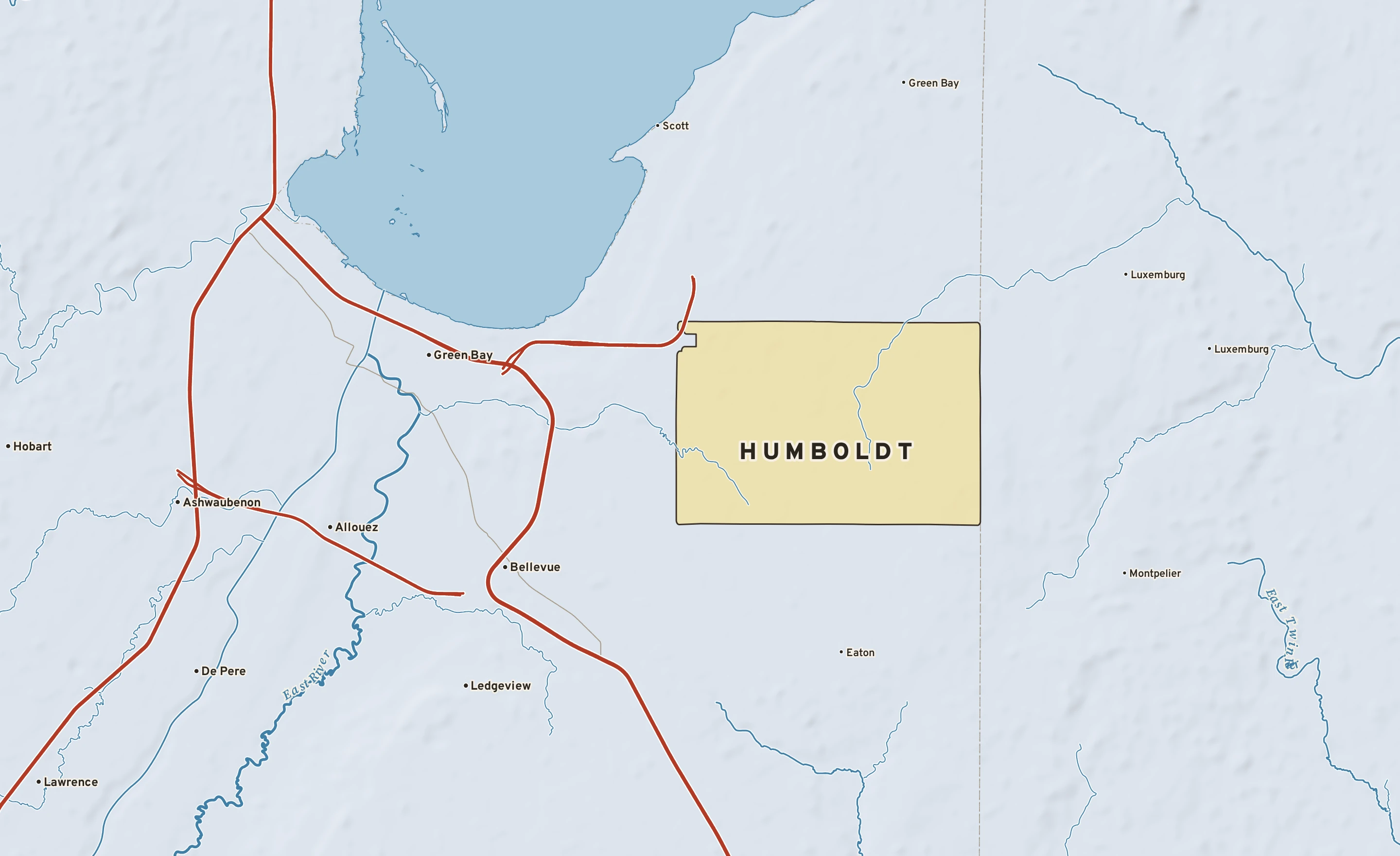 Shaded-relief atlas plate of Humboldt, Wisconsin: rivers, roads, the city limits and where the water drains.