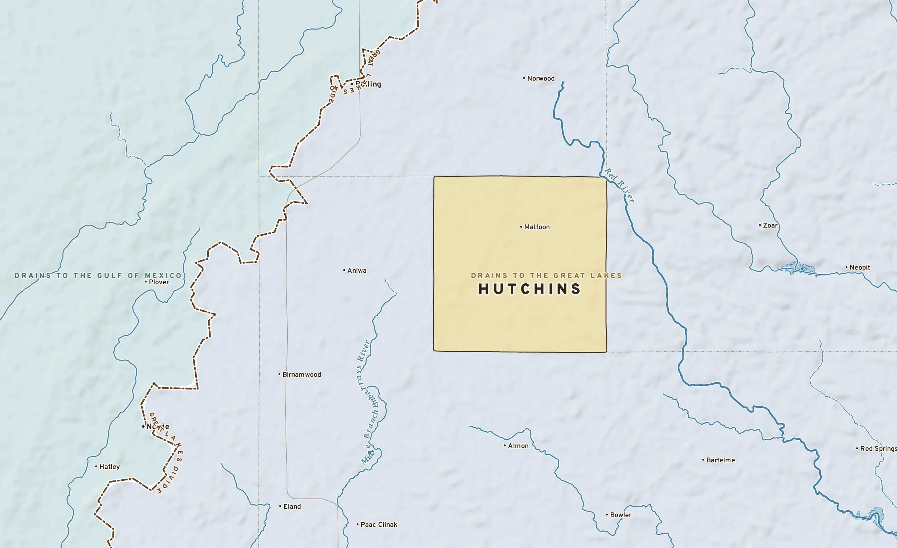 Shaded-relief atlas plate of Hutchins, Wisconsin: rivers, roads, the city limits and where the water drains.