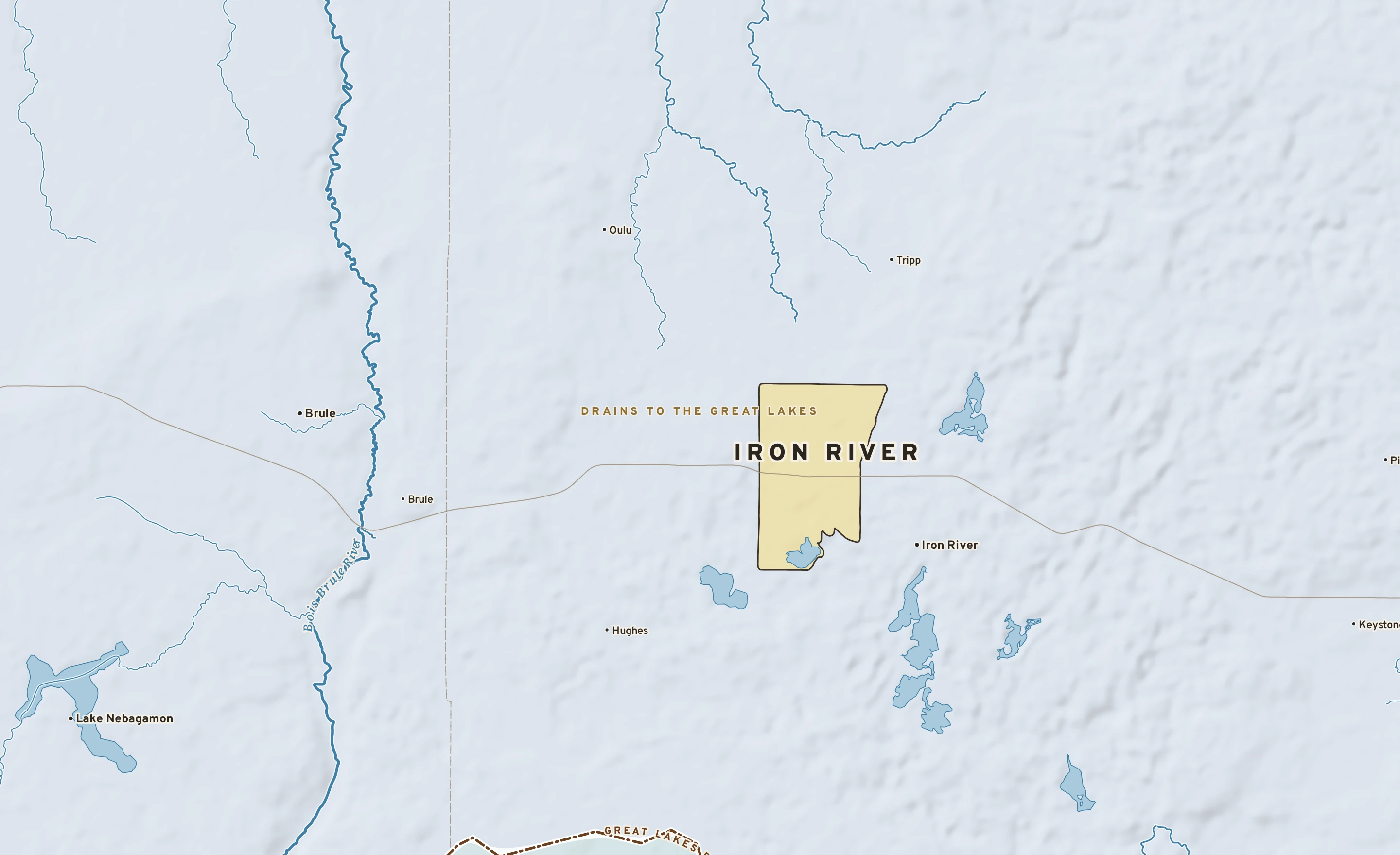 Shaded-relief atlas plate of Iron River, Wisconsin: rivers, roads, the city limits and where the water drains.