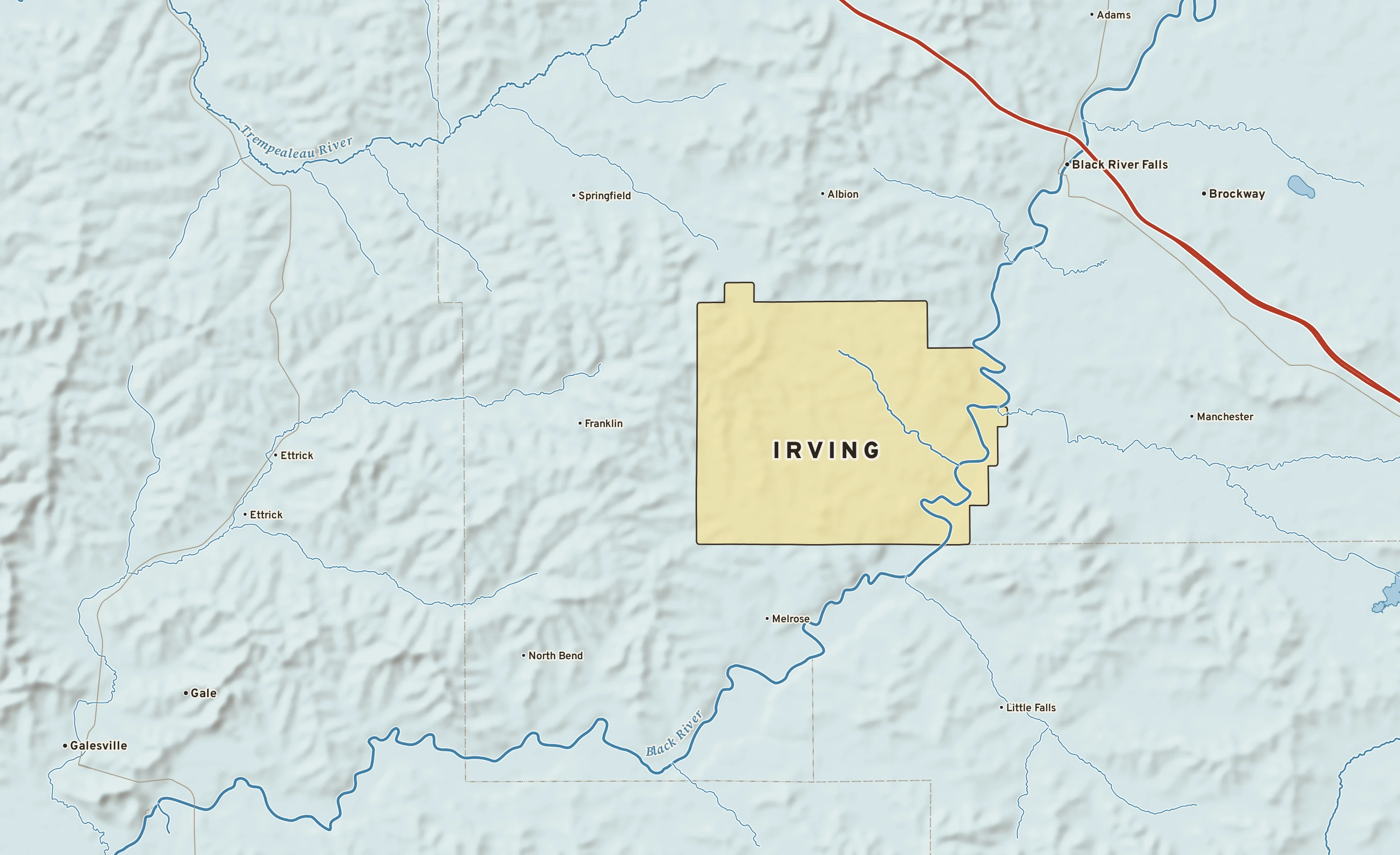 Shaded-relief atlas plate of Irving, Wisconsin: rivers, roads, the city limits and where the water drains.