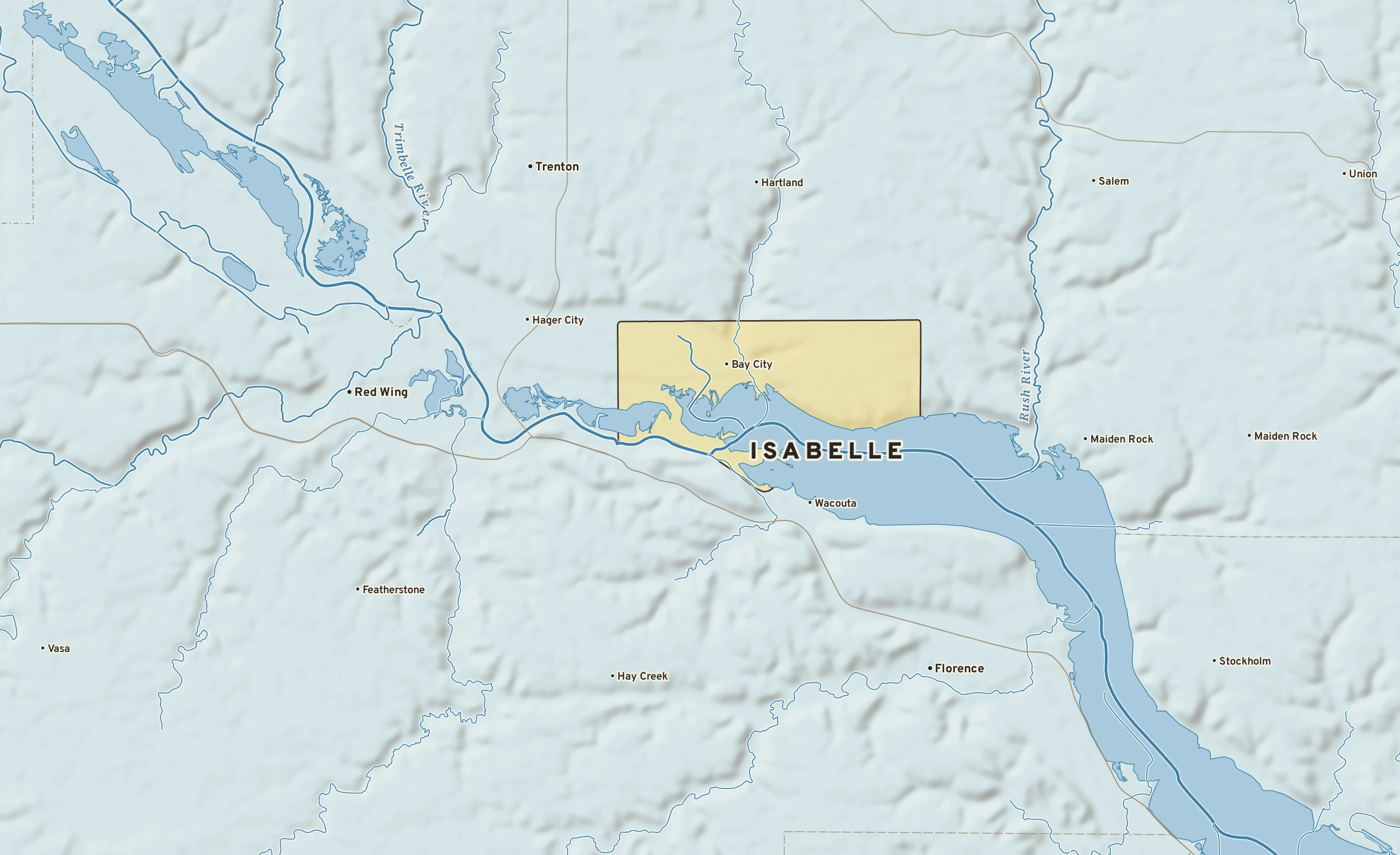 Shaded-relief atlas plate of Isabelle, Wisconsin: rivers, roads, the city limits and where the water drains.