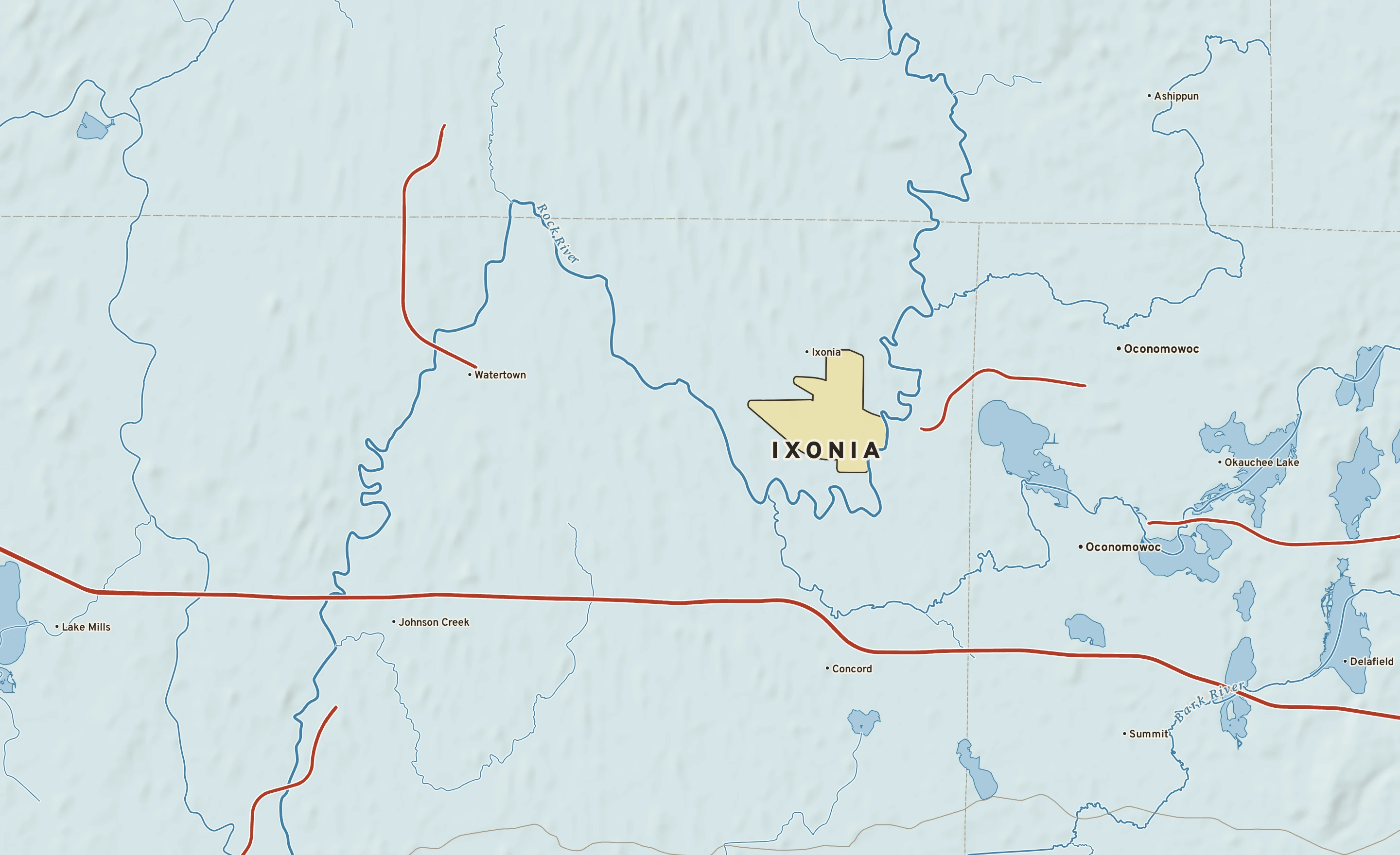 Shaded-relief atlas plate of Ixonia, Wisconsin: rivers, roads, the city limits and where the water drains.