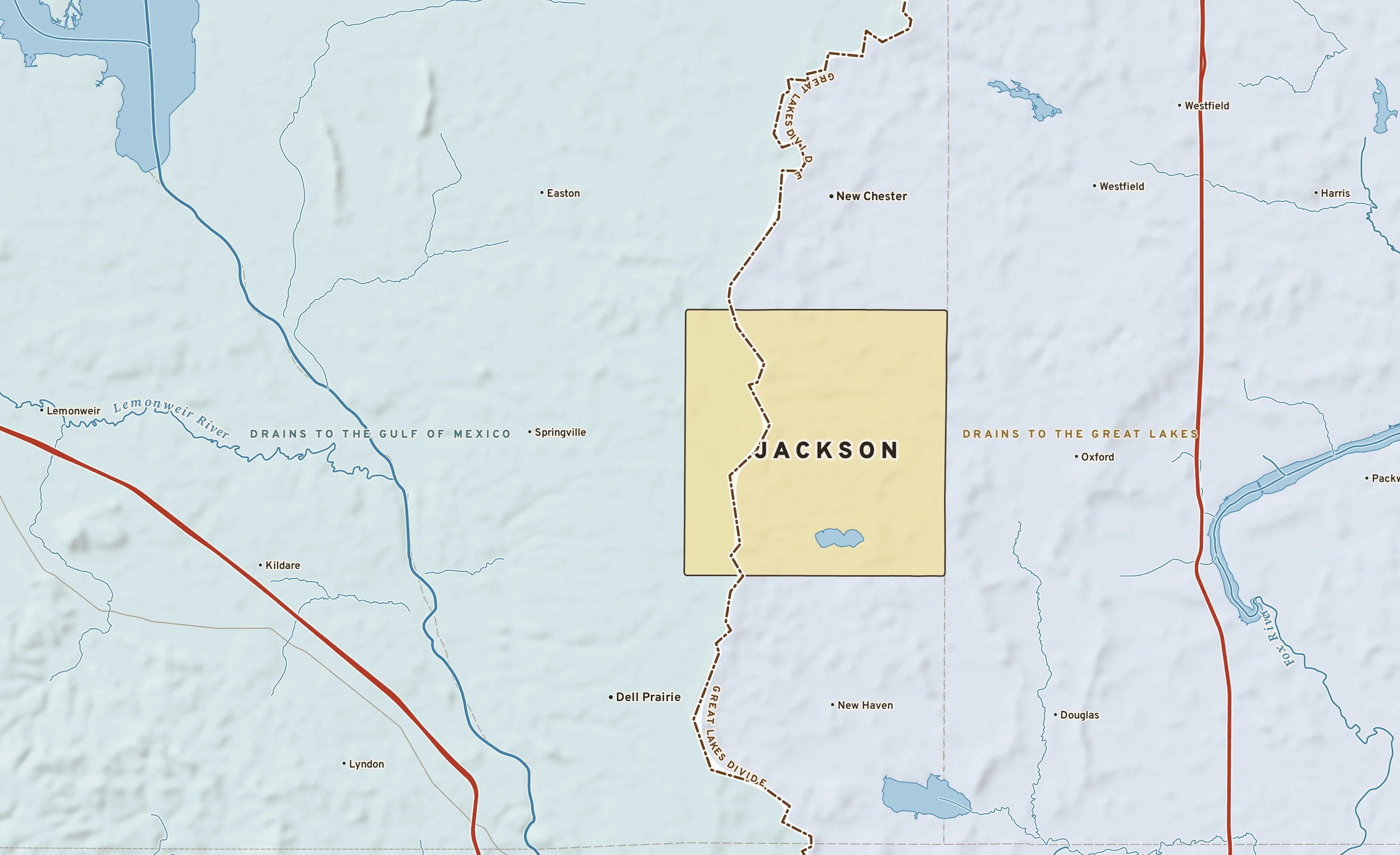 Shaded-relief atlas plate of Jackson, Wisconsin: rivers, roads, the city limits and where the water drains.