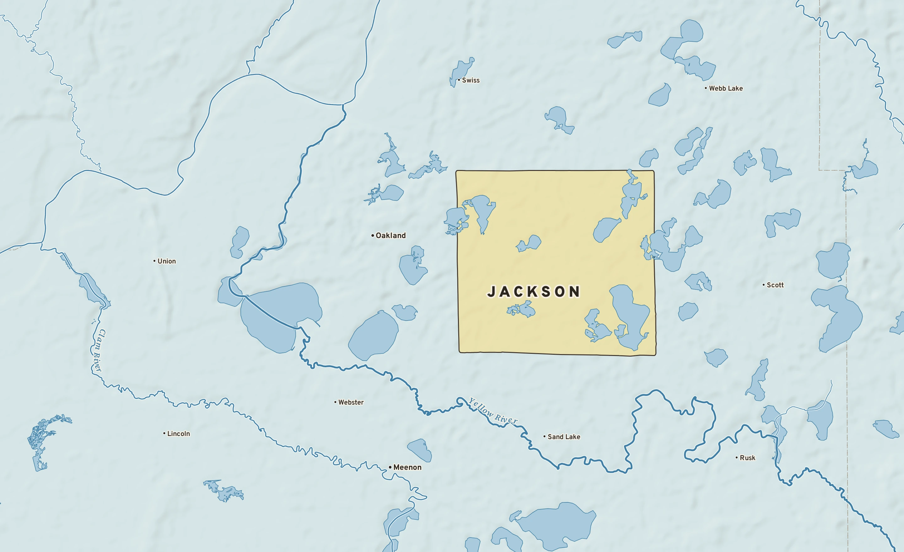 Shaded-relief atlas plate of Jackson, Wisconsin: rivers, roads, the city limits and where the water drains.