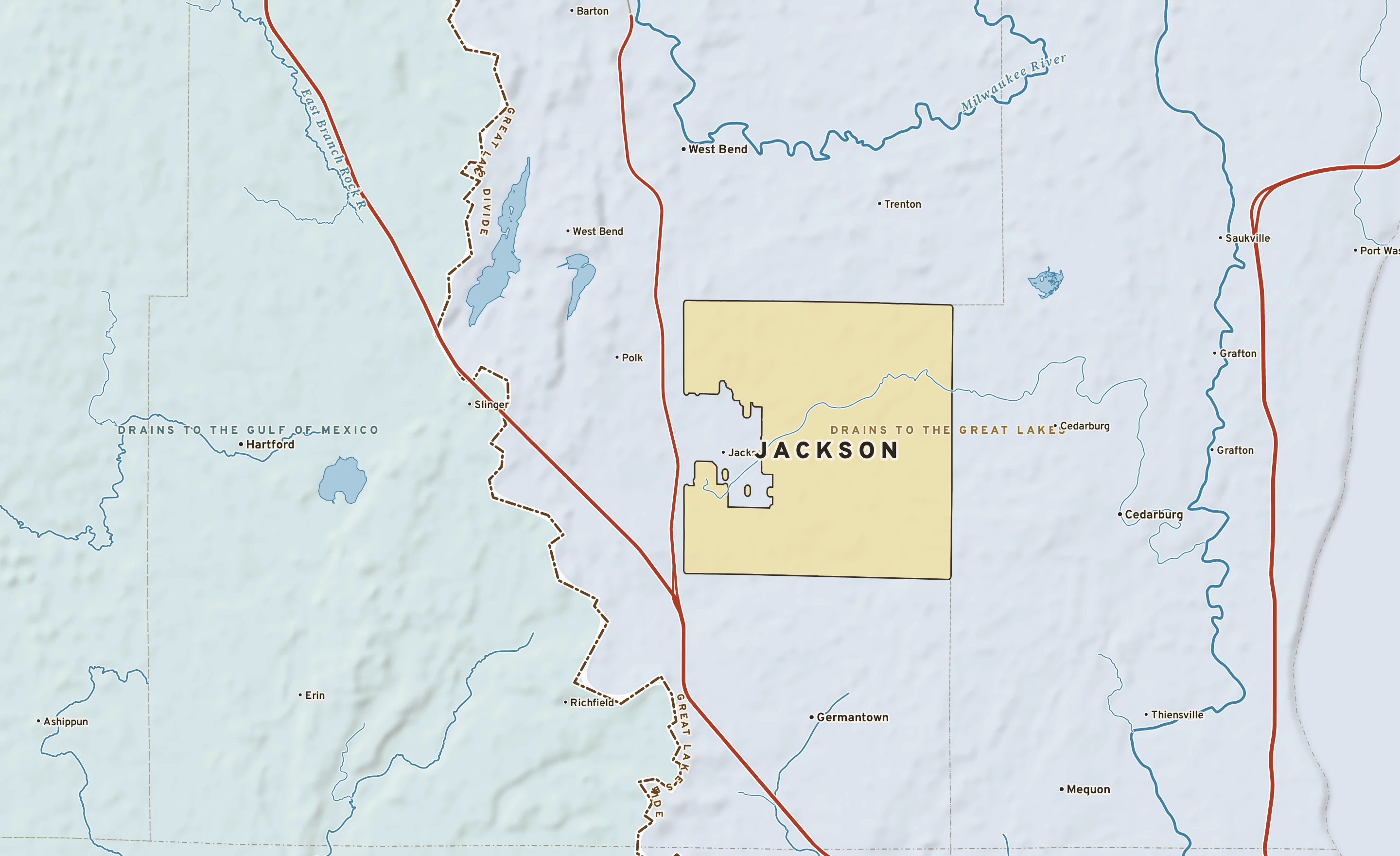 Shaded-relief atlas plate of Jackson, Wisconsin: rivers, roads, the city limits and where the water drains.