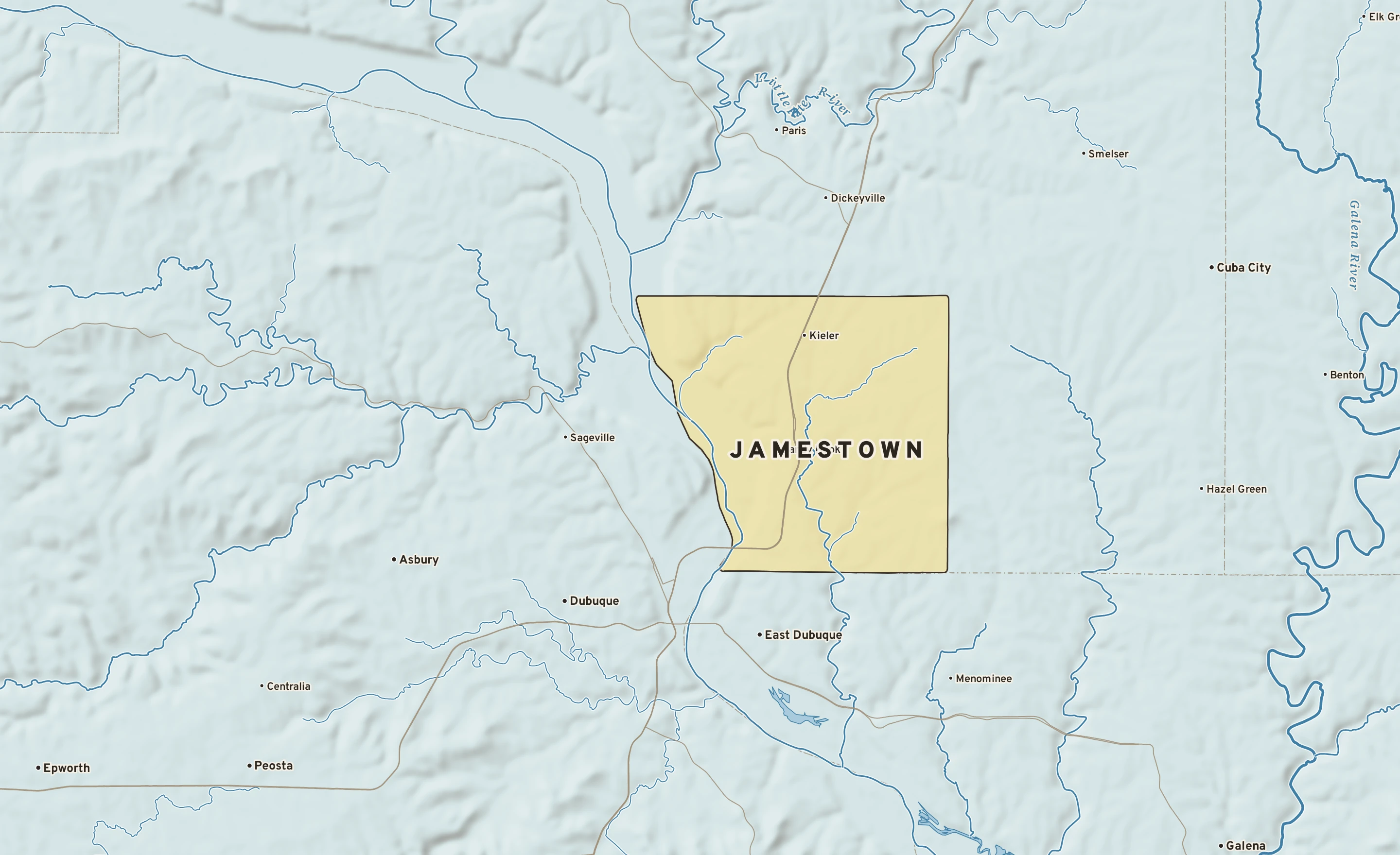 Shaded-relief atlas plate of Jamestown, Wisconsin: rivers, roads, the city limits and where the water drains.