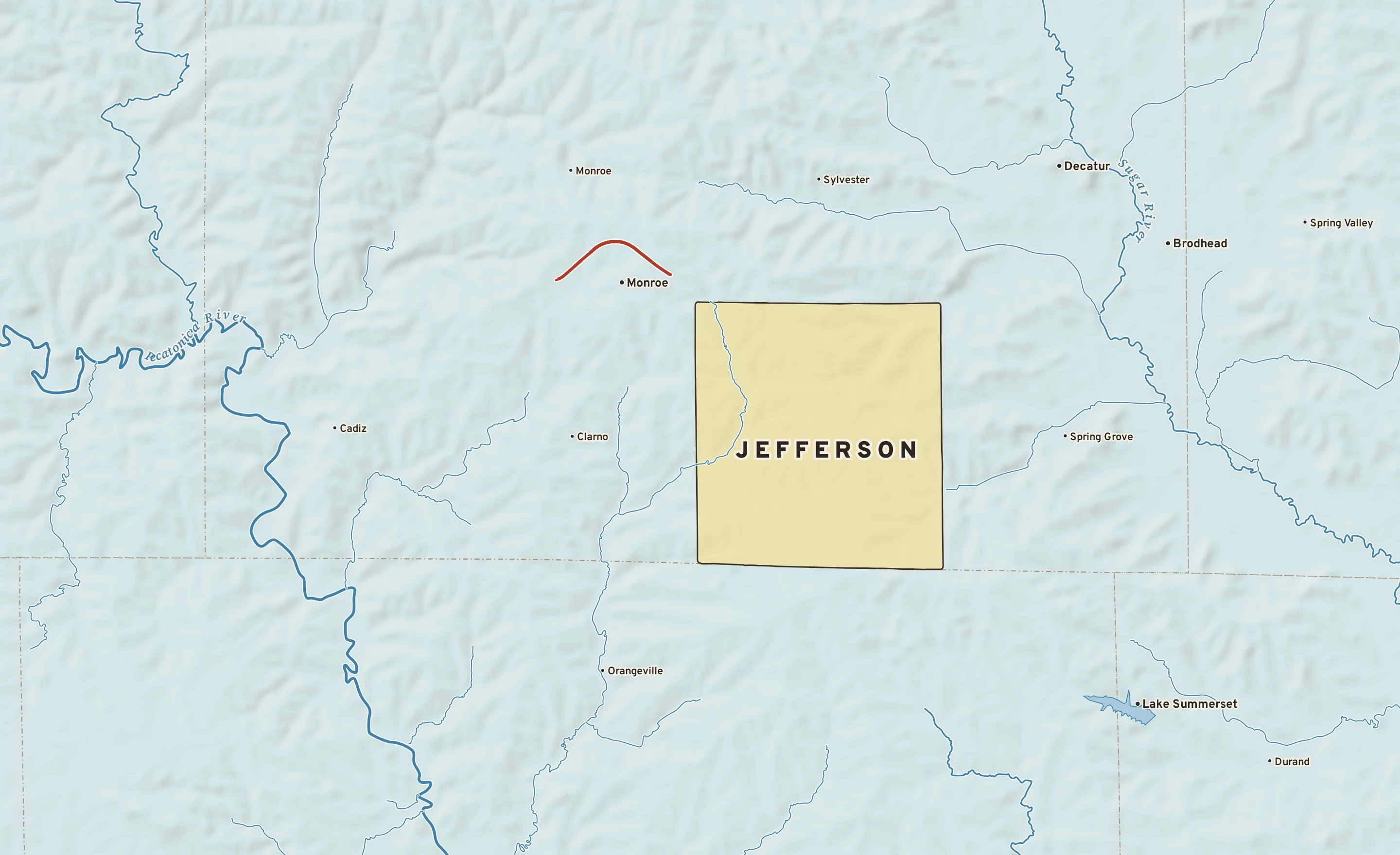 Shaded-relief atlas plate of Jefferson, Wisconsin: rivers, roads, the city limits and where the water drains.