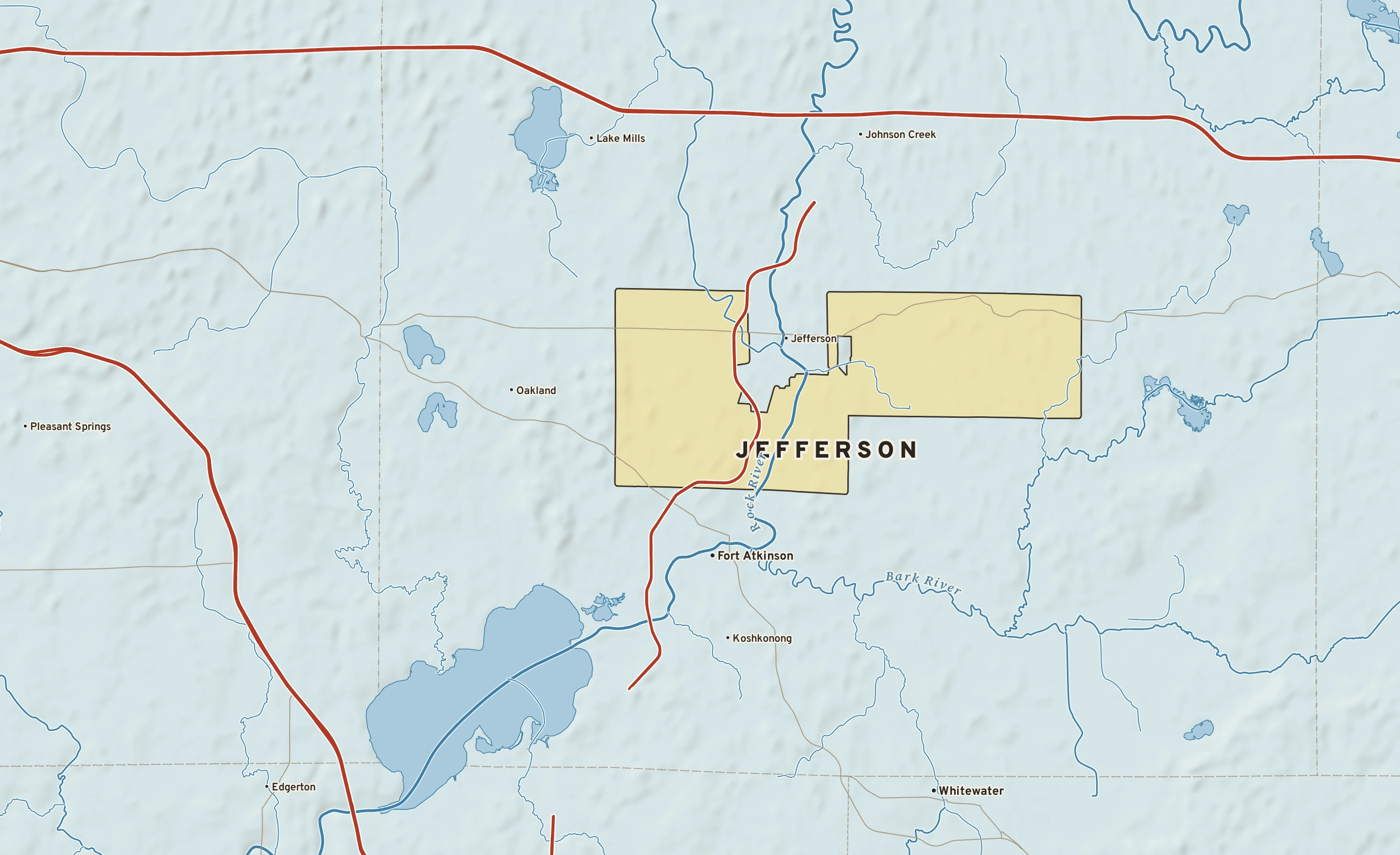 Shaded-relief atlas plate of Jefferson, Wisconsin: rivers, roads, the city limits and where the water drains.