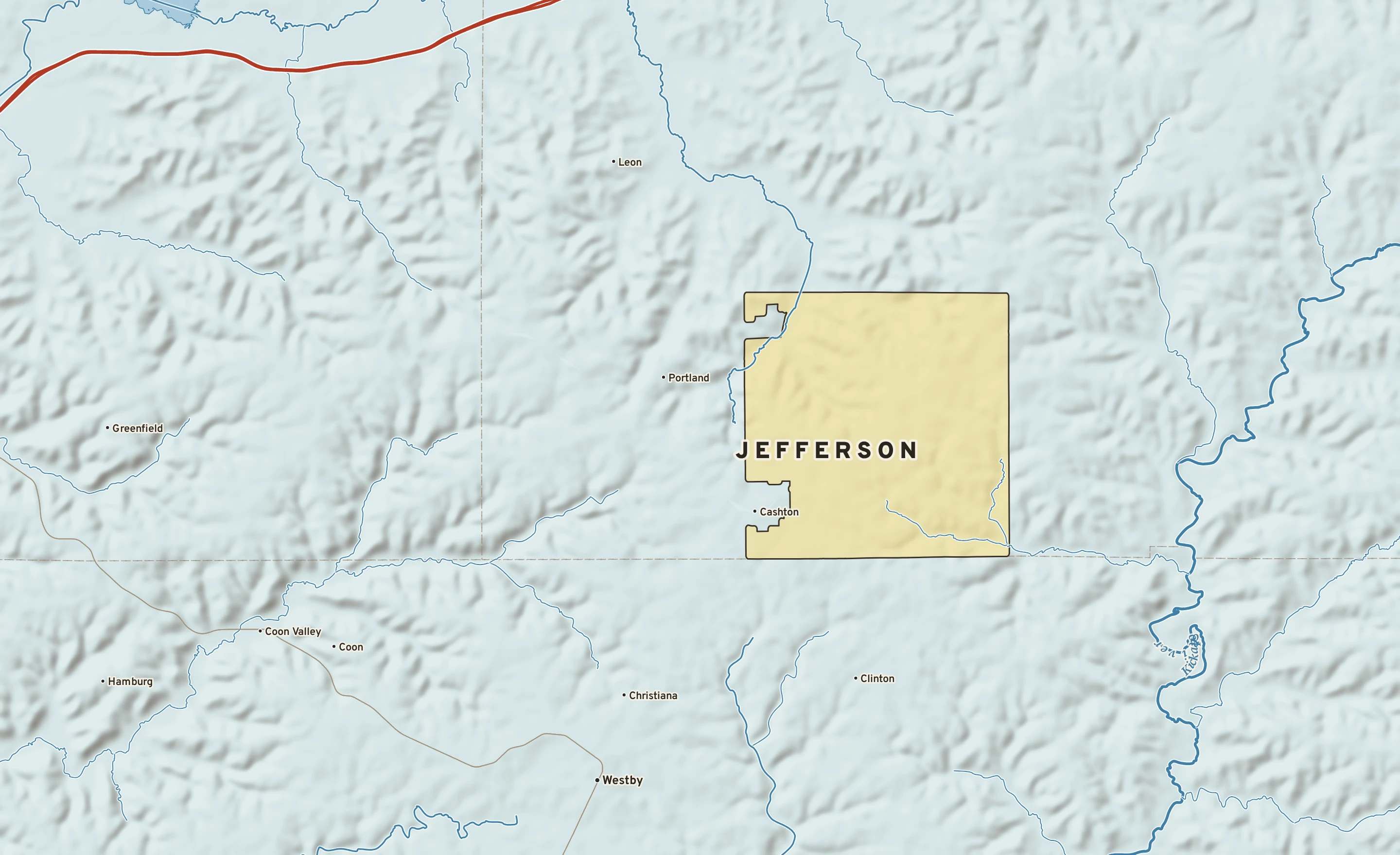 Shaded-relief atlas plate of Jefferson, Wisconsin: rivers, roads, the city limits and where the water drains.