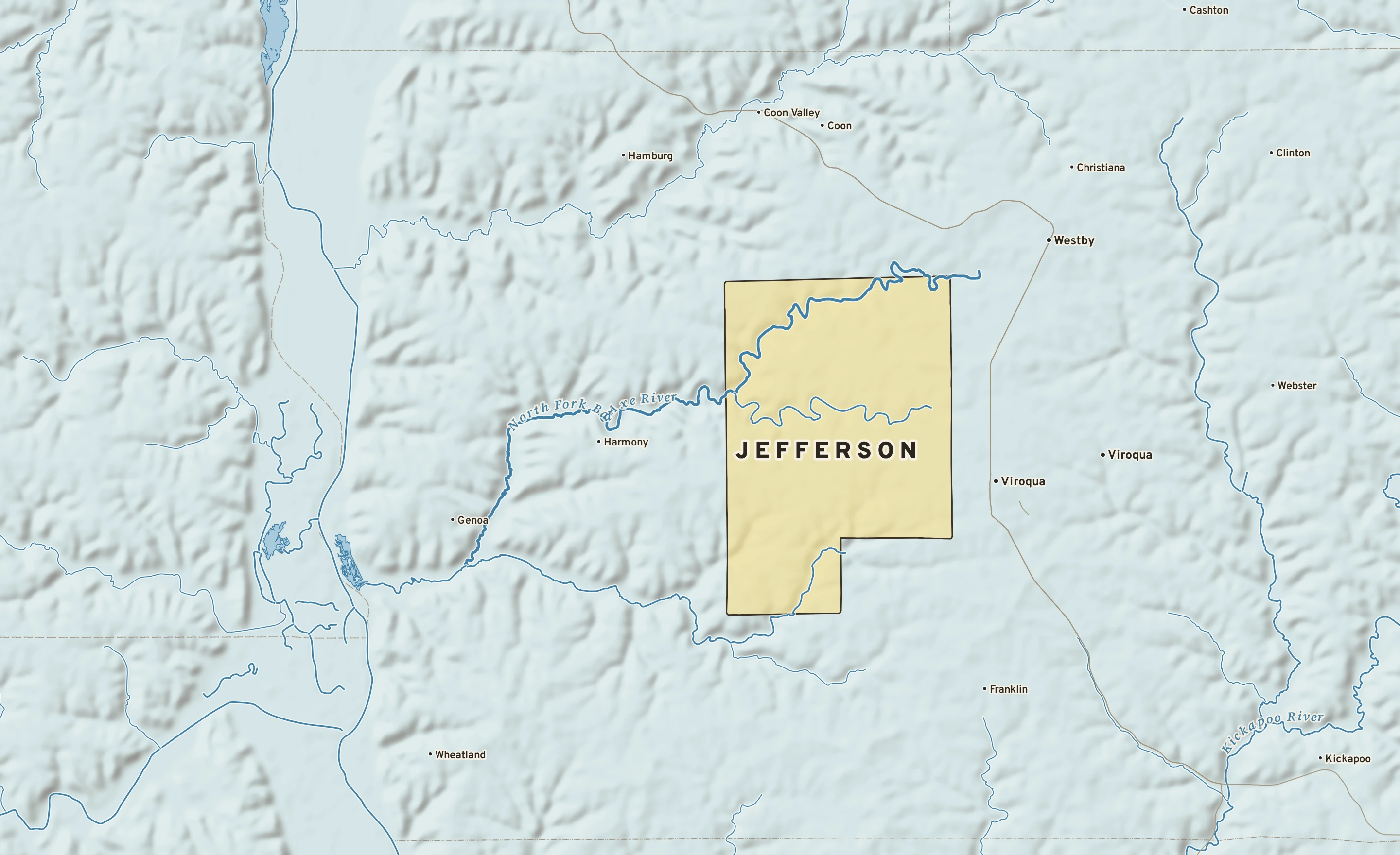 Shaded-relief atlas plate of Jefferson, Wisconsin: rivers, roads, the city limits and where the water drains.