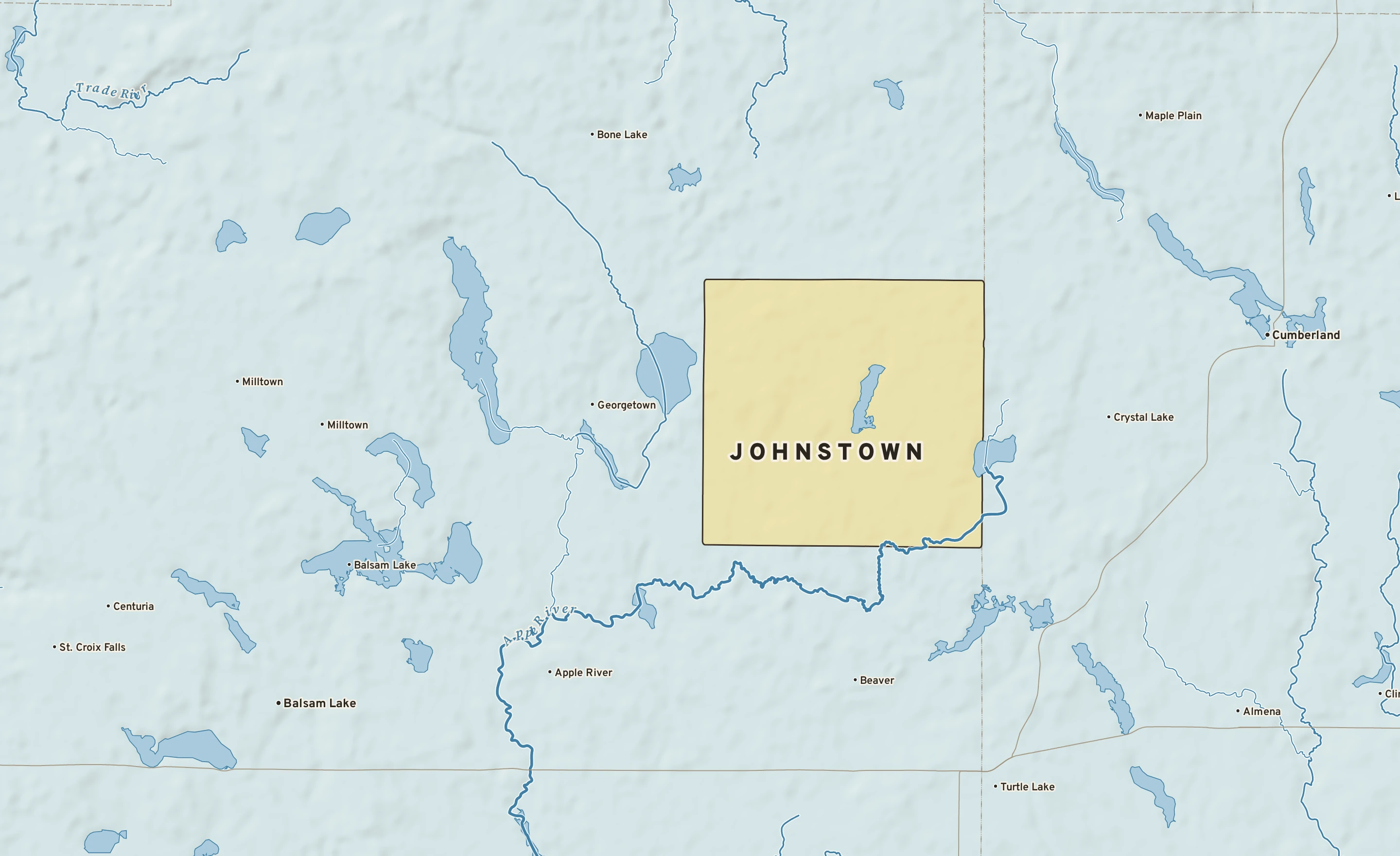 Shaded-relief atlas plate of Johnstown, Wisconsin: rivers, roads, the city limits and where the water drains.