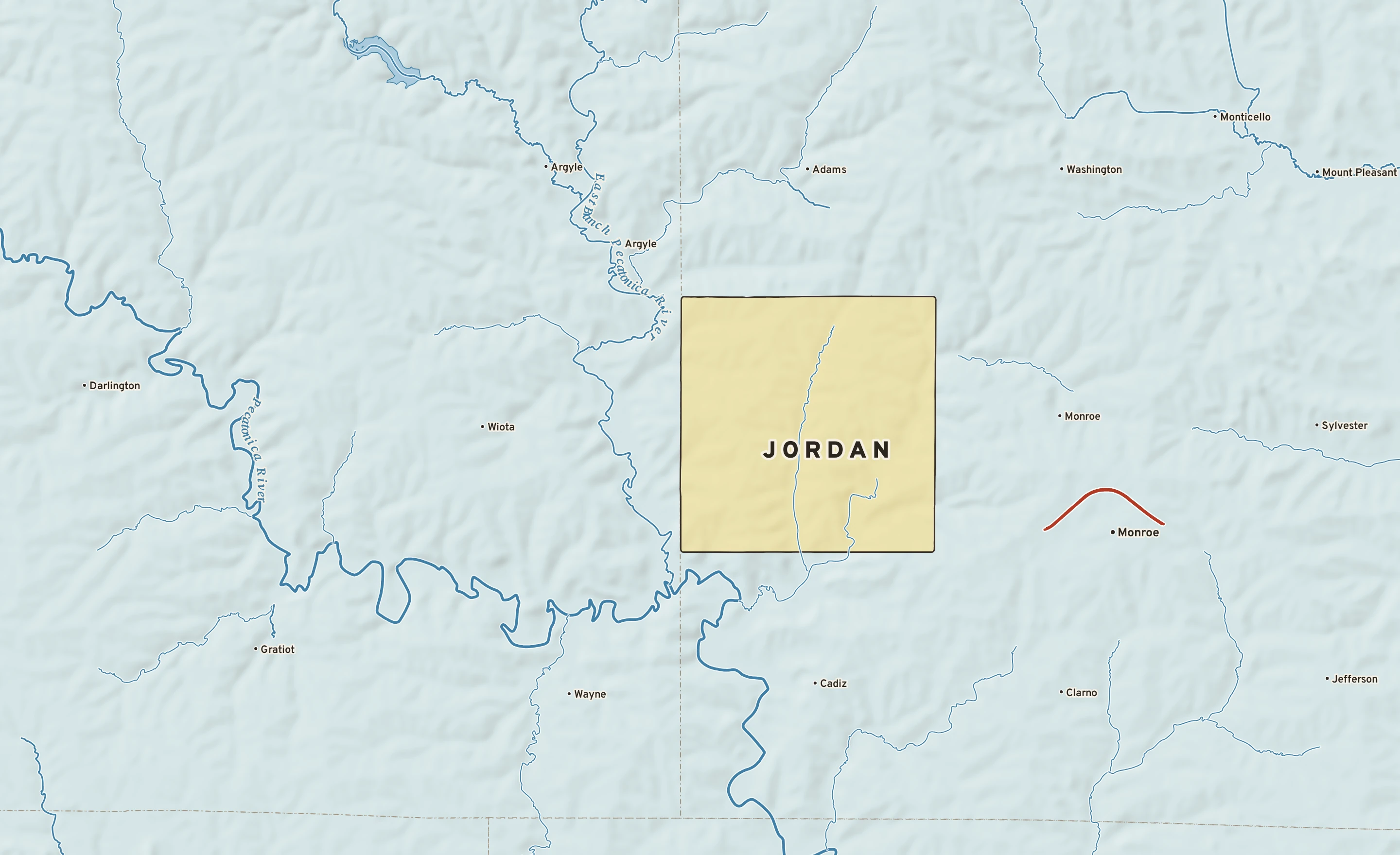Shaded-relief atlas plate of Jordan, Wisconsin: rivers, roads, the city limits and where the water drains.