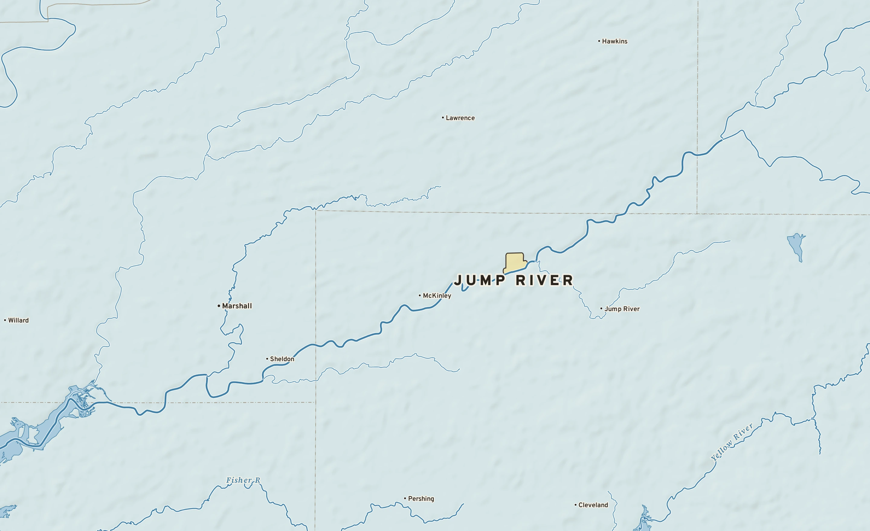 Shaded-relief atlas plate of Jump River, Wisconsin: rivers, roads, the city limits and where the water drains.
