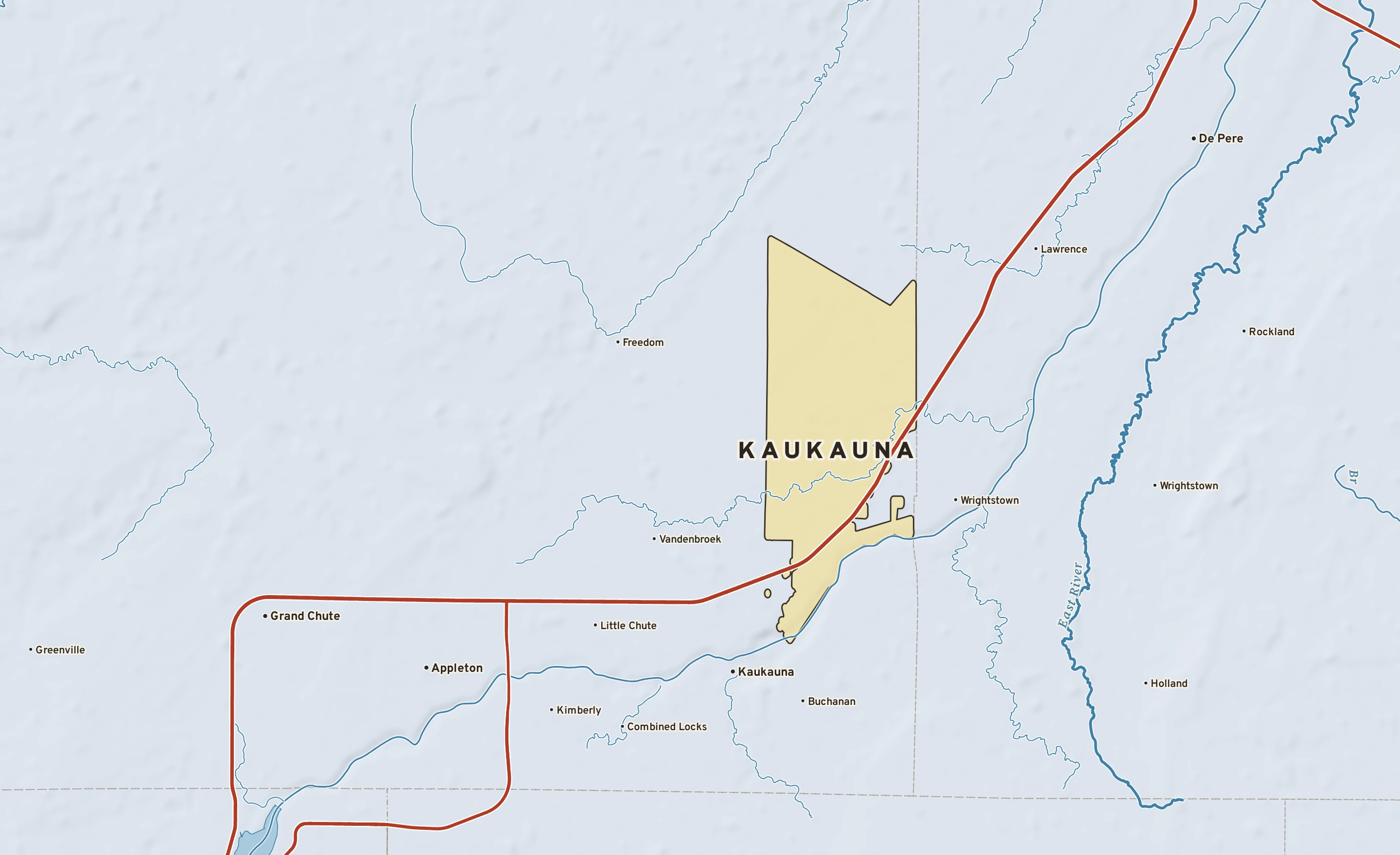 Shaded-relief atlas plate of Kaukauna, Wisconsin: rivers, roads, the city limits and where the water drains.